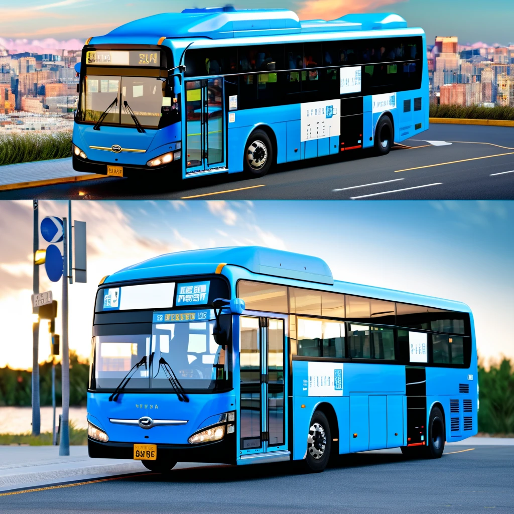 masterpiece, high quality,  8k, realistic, blue bus