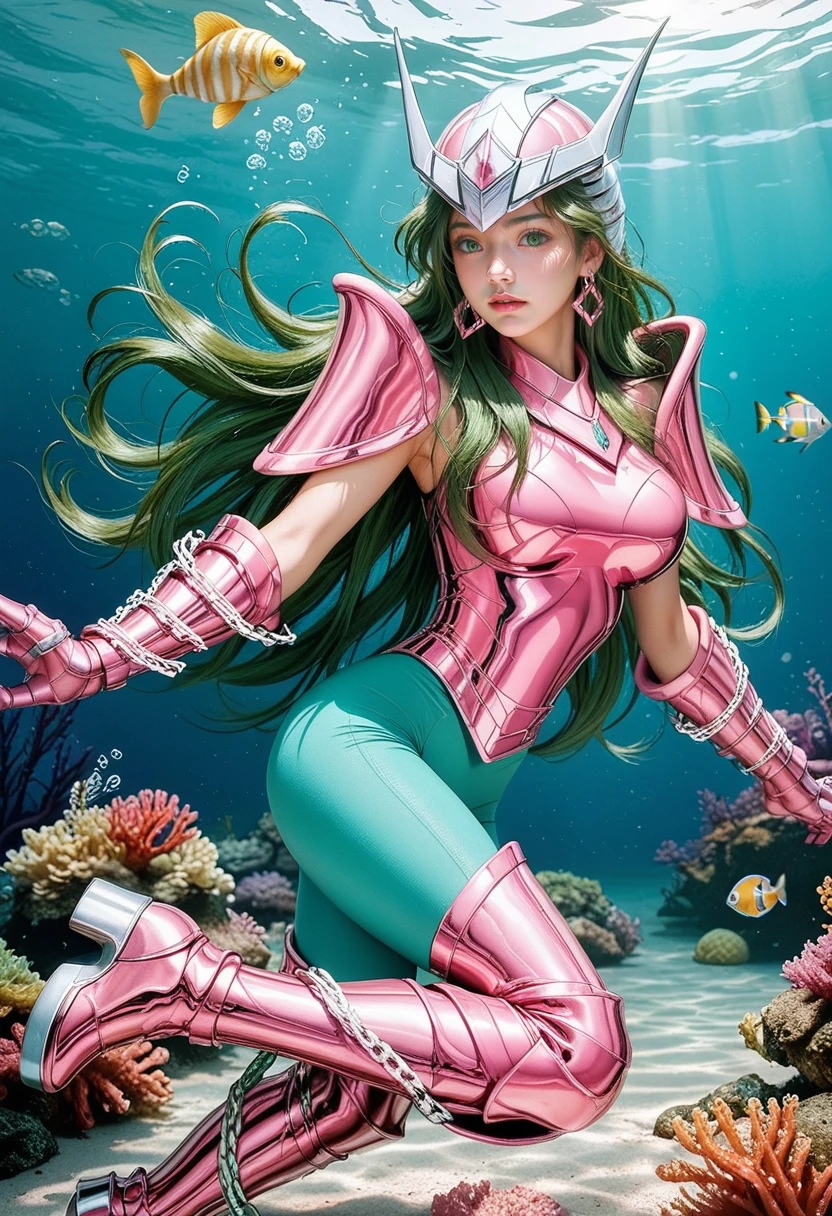 score_9,score_8_up,score_7_up,8k,pretty face,detailed face,detailed eyelashes,get eyebrows,heavy make-up,dynamic pose,outdoors,atlantis,seabed,(underwater:1.3),sea fish,large breasts,slim waist,wide hips,1girl,((intricate)),<lora:saintseiya5-pony-v80-000006:0.8>,
cowboy shot,1gshun,pink armor,Germany girl,(green leggings:1.1)armor,green hair,long hair,breasts,boots,helmet,gloves,gauntlets,pauldrons,armored boots,shoulder armor,chain,skin tight,vambraces,thigh boots,pink gloves,greaves,breastplate,earrings,shoulder pads,bodysuit,green eyes,hand on other one's shoulders,