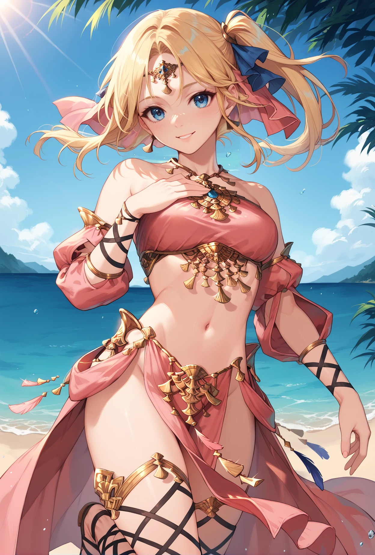 score_9, score_8_up, score_7_up,
1girl,side ponytail,hair ribbon,blonde hair,blue eyes,long hair,
 bandeau, dancer,cross-laced legwear,detached sleeves, circlet,jewelry,pelvic curtain,,hair ornments, smile,
ocean,hand on own chest, sunlight,  <lora:OutfitThavernarXLPony:1>