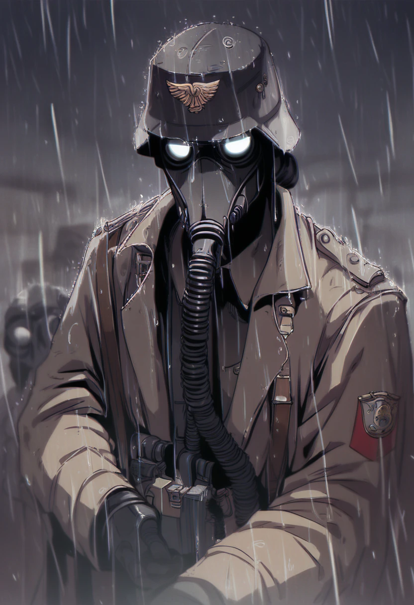 score_9, score_8_up, score_7_up, score_6_up, HRMN, soldiers, gas masks, helmets, glowing eyes, rain, dark and gloomy atmosphere, trench coats, military gear, insignia, somber expressions, war setting, dramatic lighting, detailed, shaded, intense mood