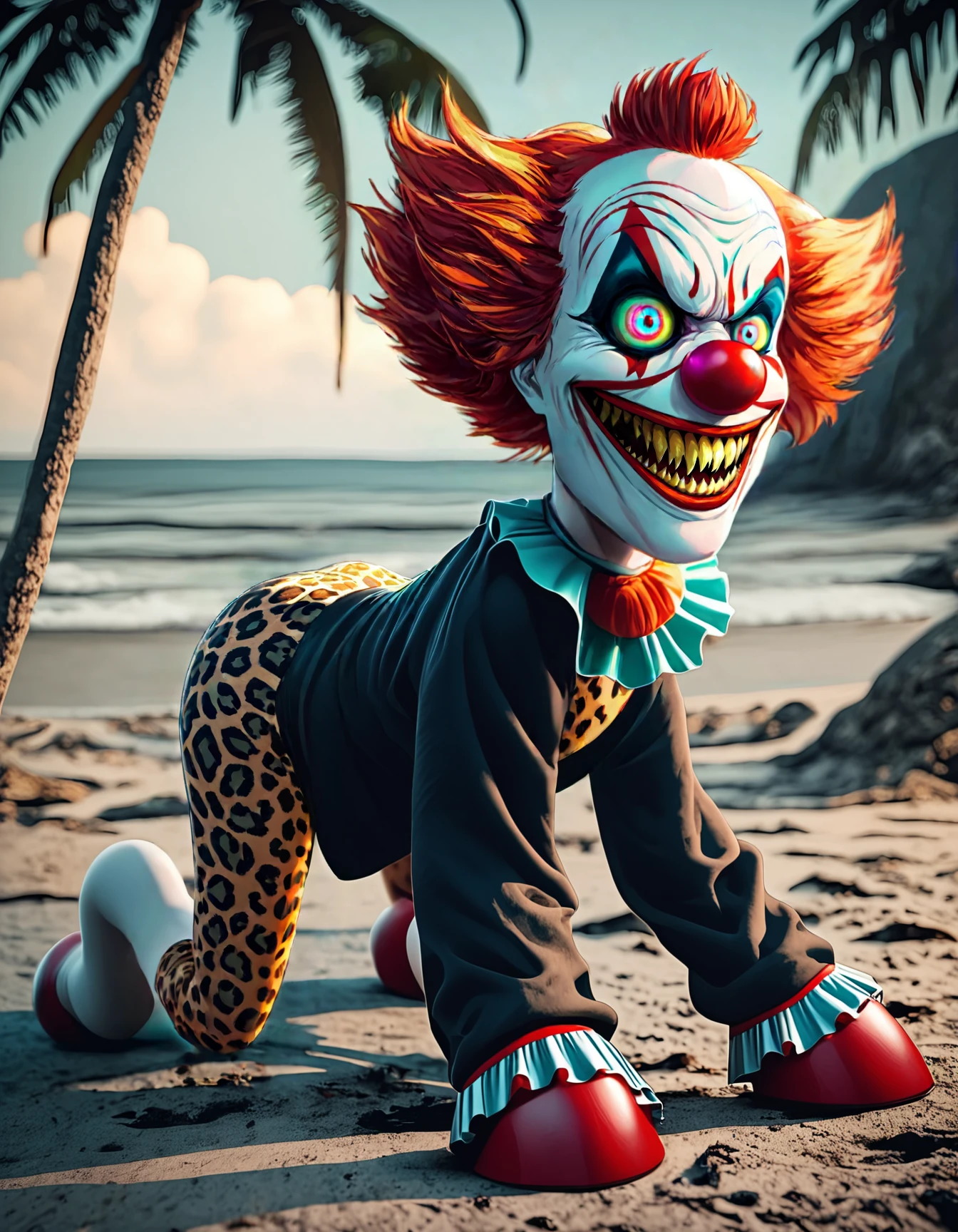 Score_9, score_8_up, score_7_up, score_5_up, pony,on all fours, hoves, clown face,white face make up,red clown nose, horror creature in vaccation, face close up, raw, photo, bokeh effect, brown fur, black robe, leopard print swimsuit, arrow eyes, beach with palm trees,