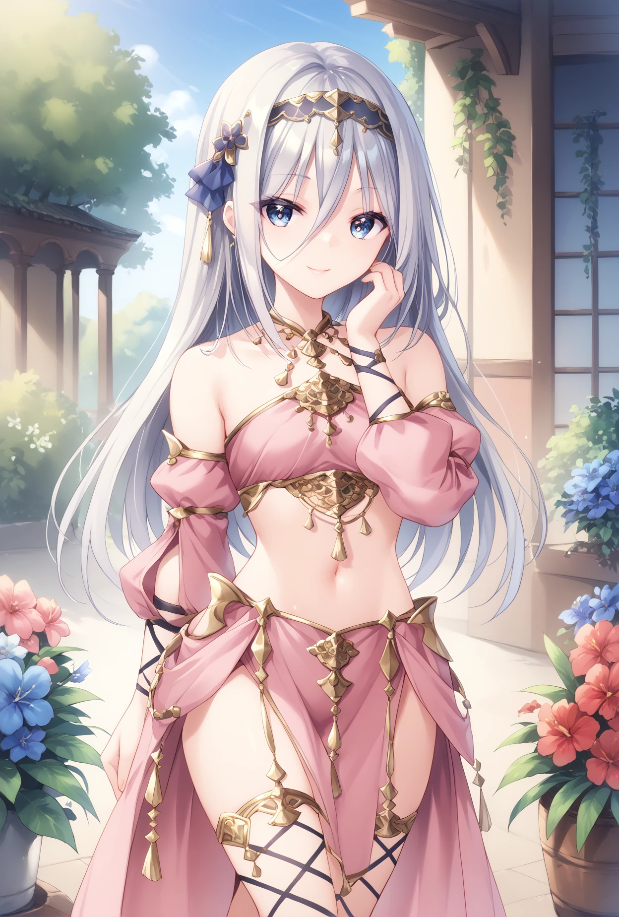 score_9, score_8_up, score_7_up,
 mutsuki,1girl,grey hair,light blue eyes,hair ornament, hairband,long hair,
garden,flowers,smile,hand on own face, 
bandeau, dancer,cross-laced legwear,detached sleeves, jewelry,pelvic curtain,midriff,     <lora:MutsukiXLPony:1>,<lora:OutfitThavernarXLPony:1>