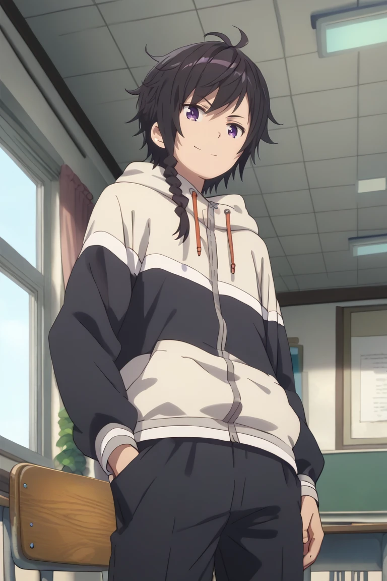 Score_9,score_8_up,score_7_up,Highly detailed, masterpiece, high quality, beautiful, high resolution, good details,1boy,solo,male focus,mezcla5v2,azuma jimon,black hair,purple eyes,braid,single braid,hooded_jacket,classroom,pants,smile,looking_at_viewer,looking to the side,from below<lora:EMS-412513-EMS:1.000000>, <lora:EMS-434677-EMS:0.800000>