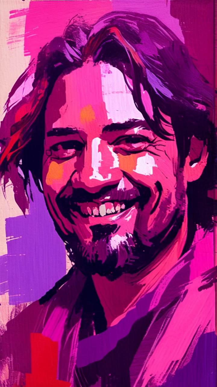 portrait of vinque man, painting by xDElysium, smiling, medium long hair, lopsided smiling, looking at viewer, painterly style, expressionism, strokes rough, brushstrokes visible, rawness, viscerality, color pallete vivid purple and pink, hand-painted backgrounds, oil painting, high contrast, dramatic lighting 