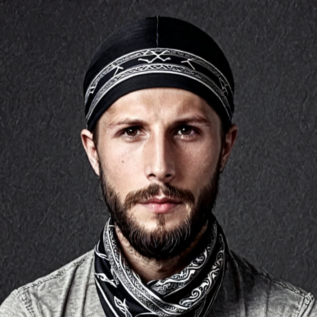 maxim sakharov, 1boy, male focus, beard, facial hair, solo, monochrome, bandana, photo background, greyscale<lora:Sakharov-LoRa:1.4>