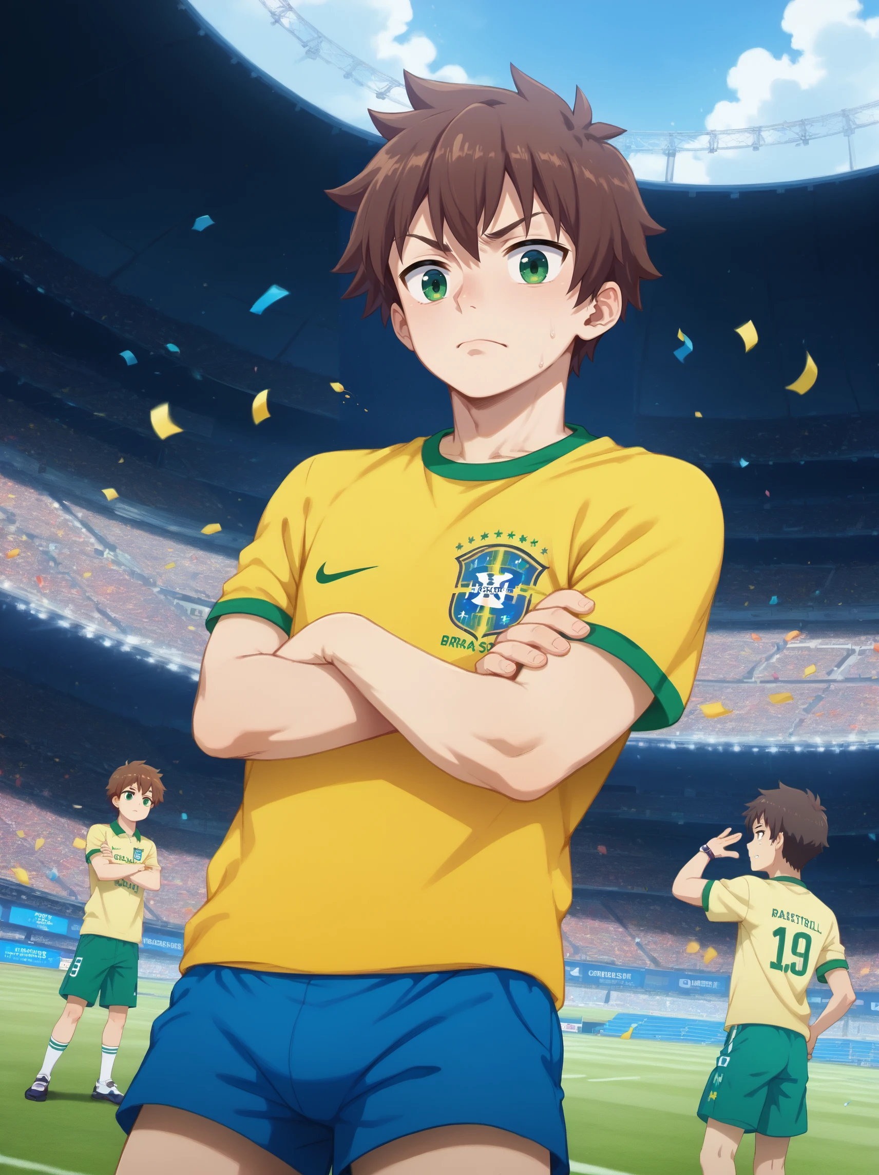 score_9, score_8_up, score_7_up,source_safe, rating_explicit, BREAK  zPDXL2,  zPDXLxxx, <lora:neocoill-guy-PONYv1:1>, masterpiece, , 
satou kazuma, 1boy, brown hair, male focus, BrazilFootballShirt, soccer uniform, soccer, (yellow shirt:1.1), shirt, short sleeves, (blue shorts:1.2), shorts,
green eyes, v-shaped eyebrows, expressionless, looking at viewer, 
crossed arms, 
outdoors, stadium, confetti, party popper, people in background, public,
(flat chest:1.1), <lora:BrazilFootball:1>, sweat, sweatdrop, dutch angle, low angle, (mature male:1.1), <lora:kazuma-satou-s2-ponyxl-lora-nochekaiser:0.5>,