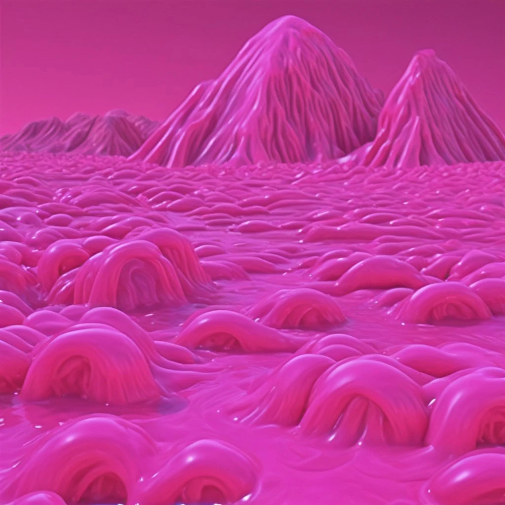 a river filled with pink slime, beautiful pink landscape with mountains