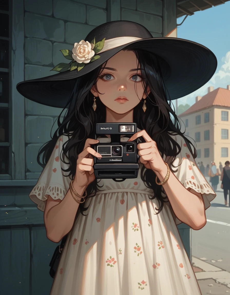 score_9, score_8_up, score_7_up, score_6_up, score_5_up, score_4_up, 1girl, solo, black hair, hat, jewelry, dress, bracelet, long hair, hud_pol4r0id, holding camera, <lora:pc-000008:0.8>, taking picture,