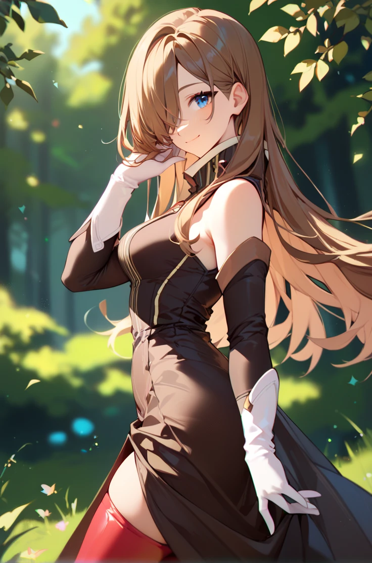 score_9, score_8_up, score_7_up, source_anime, 
forest, blurry background,
cowboy shot,  hand on hair, from side, looking at viewer, light smile,
<lora:tear_autismConfetti_v02:1> tearBase, brown hair, long hair, sidelocks, blue eyes,  hair over one eye,
sleeveless black brown dress, brown detached sleeves, white gloves,  red thighhighs,  high collar,
black boots with high heels,, zPDXL