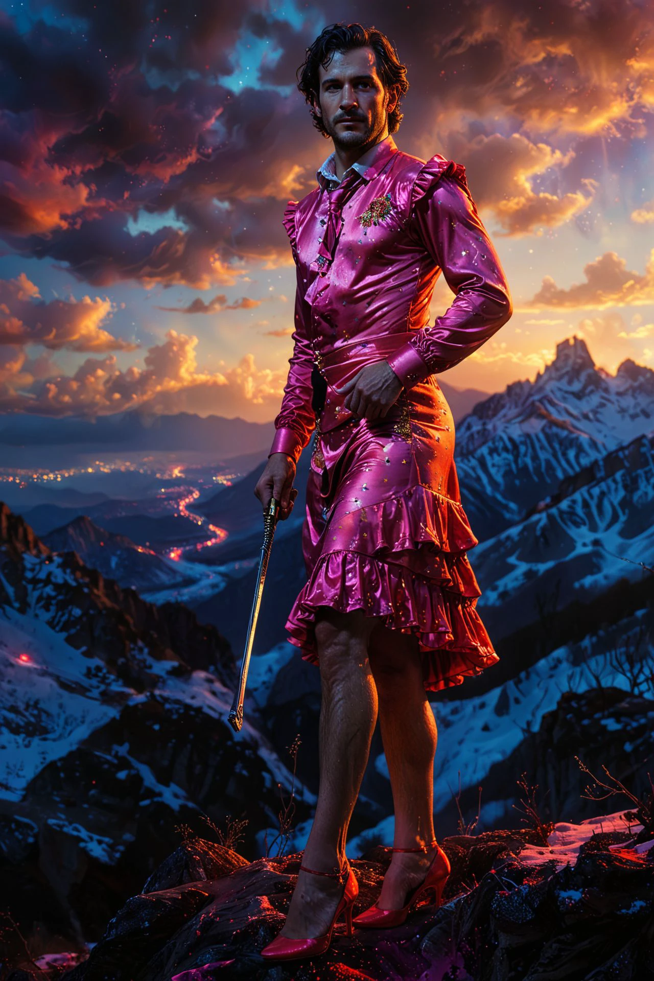 stylized by Steven Spielberg, A male figure ruffled dress and heelsed in a fuchsia, coral and gold ruffled dress and heels and tie stands on the edge of a snowy mountain, wielding a long sword with his arms crossed. The scene is set against a backdrop of rolling clouds and glowing red stars. In the distance, at Nighttime, ultrafine detailed, back-light, L USM, 
<lora:PsychadelicChaosWorldMorphXL-V0.1:1> psychadelicchaos, psychadelic, dynamic background, fine artistic composition, advanced cinematic perfect light, romantic, beautiful composition, dynamic dramatic atmosphere, creative, very