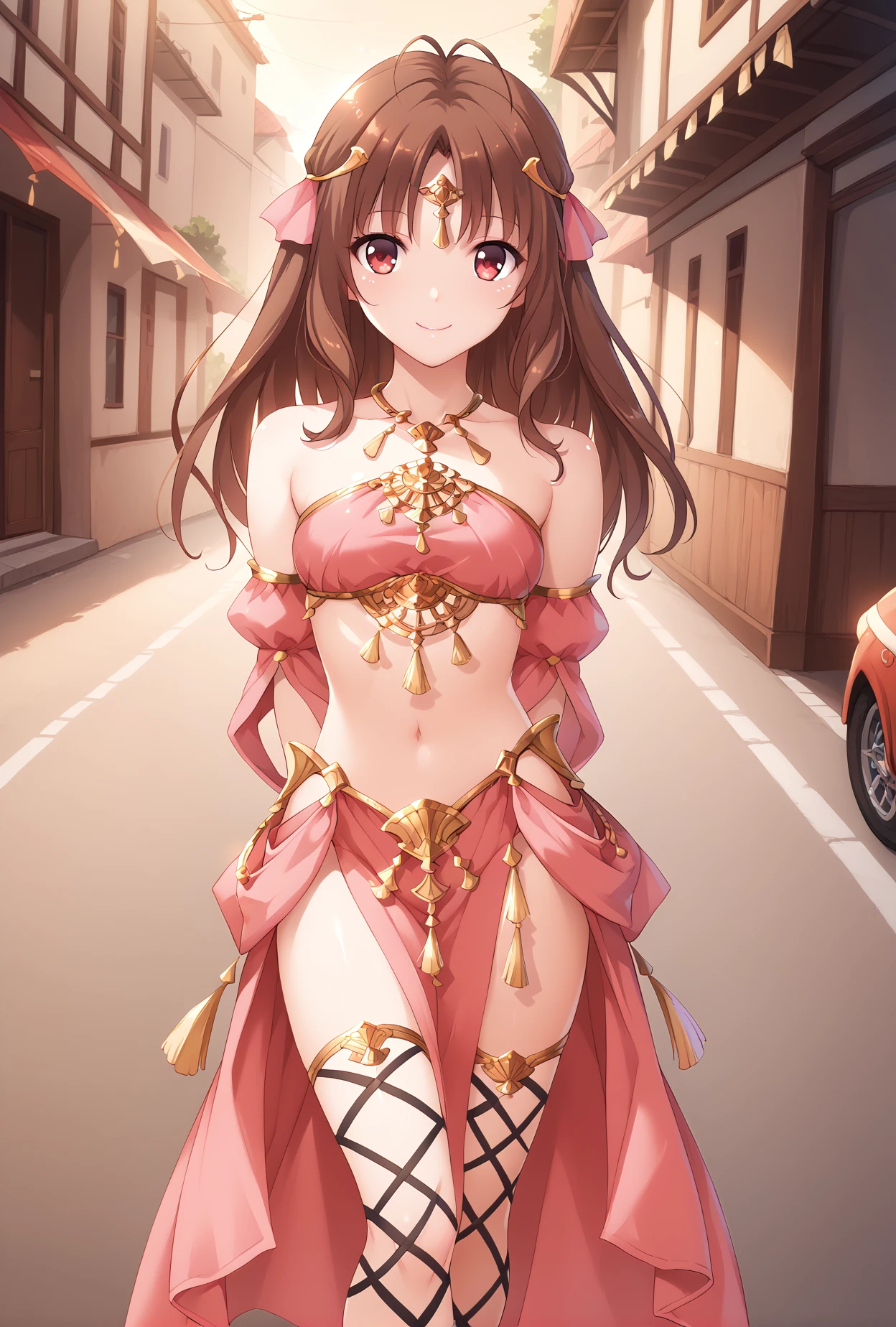 score_9, score_8_up, score_7_up,
ensemble style, aoi(ensemble), red eyes, brown hair, hair ribbon, long hair,,
street,road,arms behind back,smile,
bandeau, dancer,cross-laced legwear,detached sleeves, circlet,jewelry,pelvic curtain,,hair ornments, <lora:AoiXLPony:1>,<lora:OutfitThavernarXLPony:1>