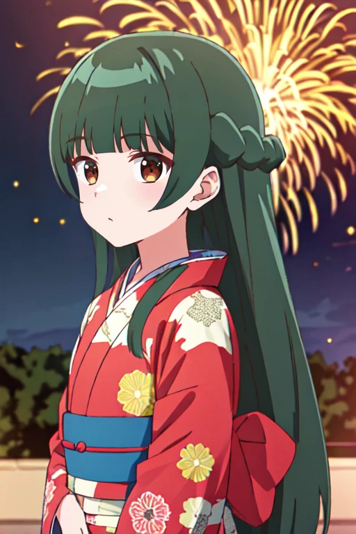 <lora:TsukasaGojouinR4:0.7>, TsukasaGojouinR4, 1girl, long hair, green hair, brown eyes, bangs,
kimono, fireworks, looking at viewer,