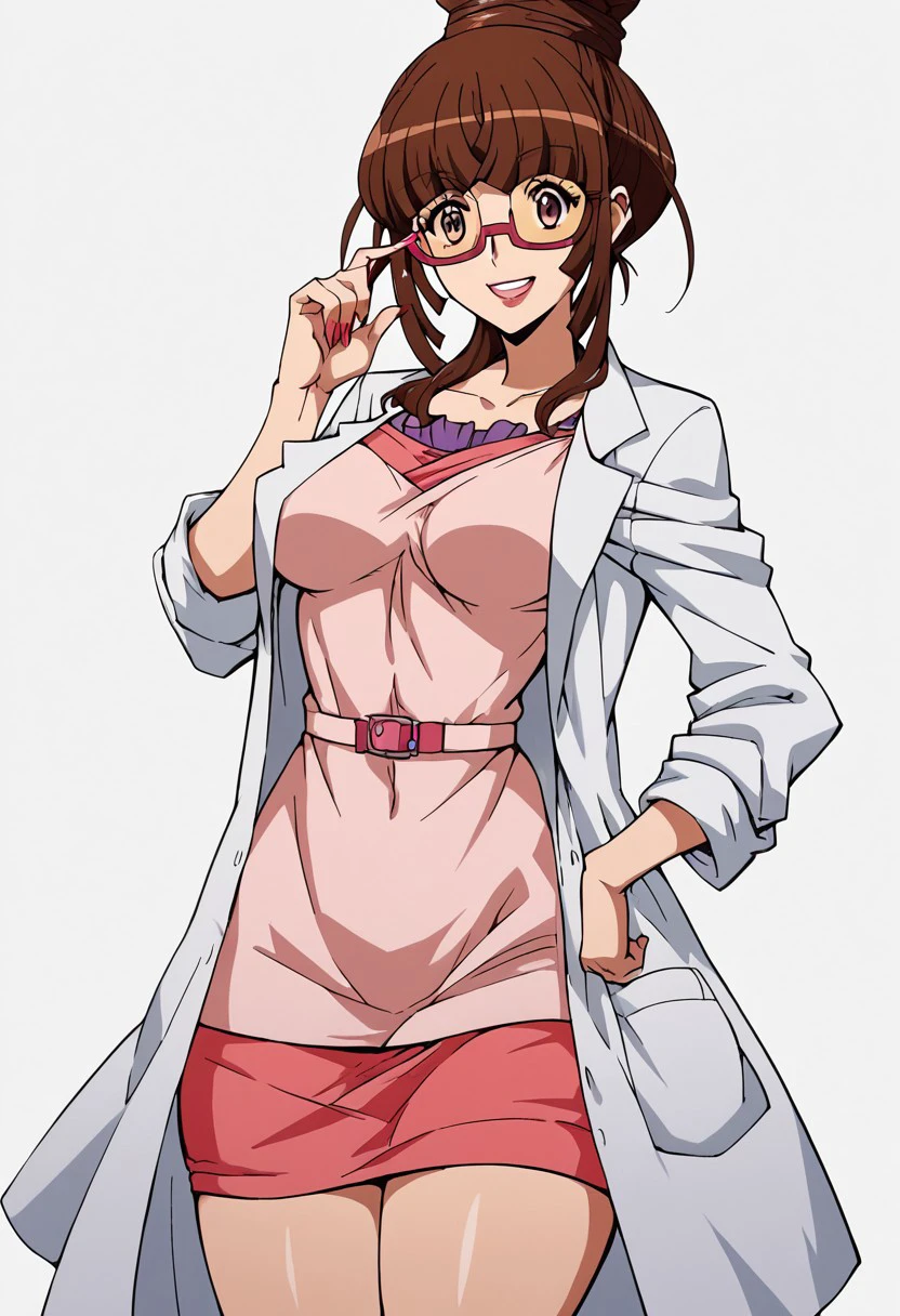 score_9, score_8_up, score_7_up, score_6_up, score_5_up, score_4_up, masterpiece, anime_lineart anime coloring, solo, big thighs, thin waist, medium breasts, White background, Ryoko_Sakurai, Brown hair, glasses, Dress, lab coat, smile, glasses