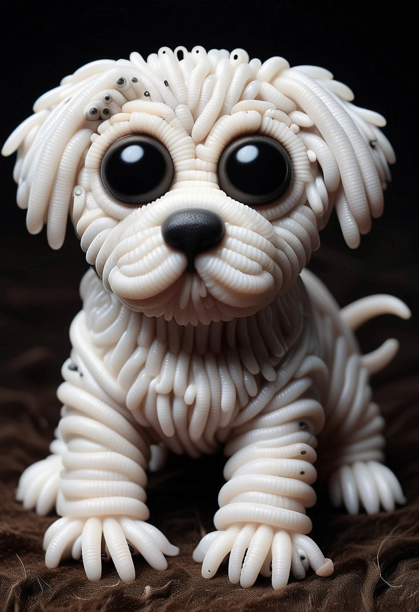 W0Rm5, a cute dog is made entirely from white worms, detailed face, (big eyes:0.9), detailed eyes, (long eye lashes, ,Masterpiece,best quality, raw photo, realistic, very aesthetic