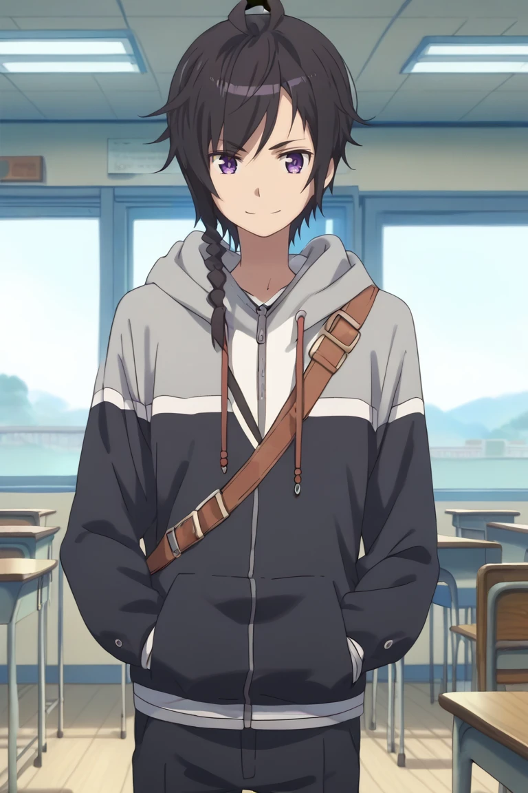 Score_9,score_8_up,score_7_up,Highly detailed, masterpiece, high quality, beautiful, high resolution, good details,1boy,solo,male focus,mezcla5v2,azuma jimon,black hair,purple eyes,braid,single braid,hooded_jacket,classroom,pants,smile,looking_at_viewer<lora:EMS-412513-EMS:1.000000>, <lora:EMS-434677-EMS:0.800000>