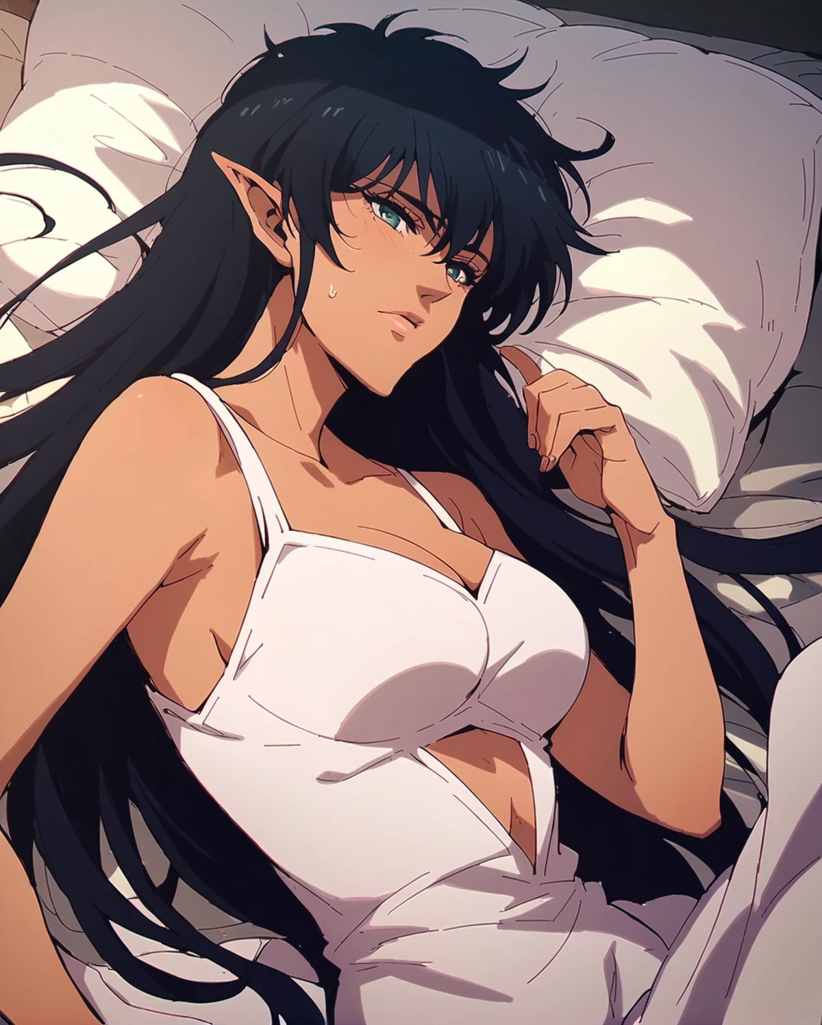 (A young woman))), the anime, ( Green eyes), (black hair), Nice face, ssmile, the perfect body, Wavy Hair, hairlong, (((morena))), big breastes, ((tmasterpiece, beste-Qualit)), illustartion, ультра детализированная 8k, Photorealistic, sharp-focus, higly detailed, Professional lighting, colorful details, Rainbow colors, Glowing, intricate detials, Vivid details, (Masterpiece, absurdress, hight resolution, Ultra Detailed), 1Woman, black hair, long wavy hair, (Green eyes), beatiful face, female focus, big breastes , tied hands and legs, lying on the king's bed, silk sheets, shades, twilight, (A man kisses a woman), (Nudity), hold your chest, bare breast, teats, be excited
