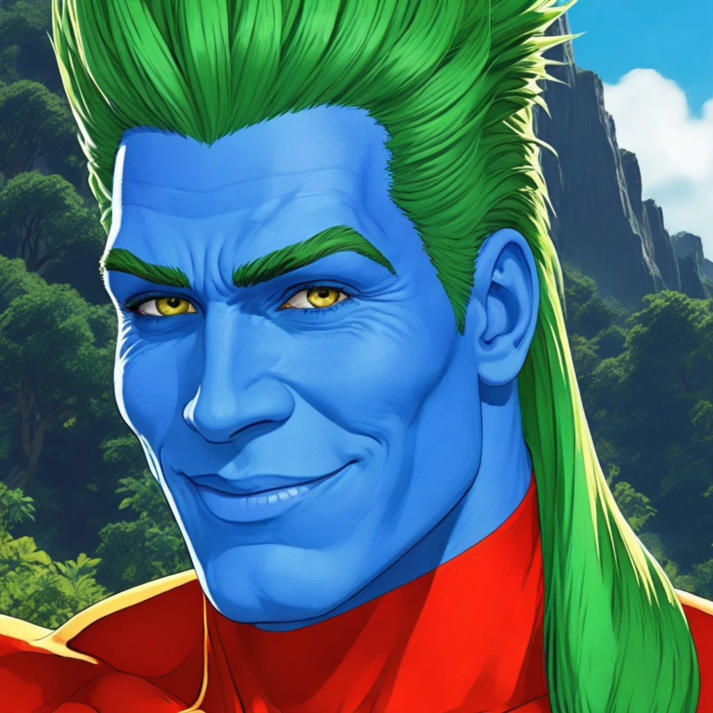 captainplanet+, close up portrait, face+, upper body+, high detailed face, smiling, hero, nature in background, blue skin, green hair, shining blue skin, perfect face, yellow eyes