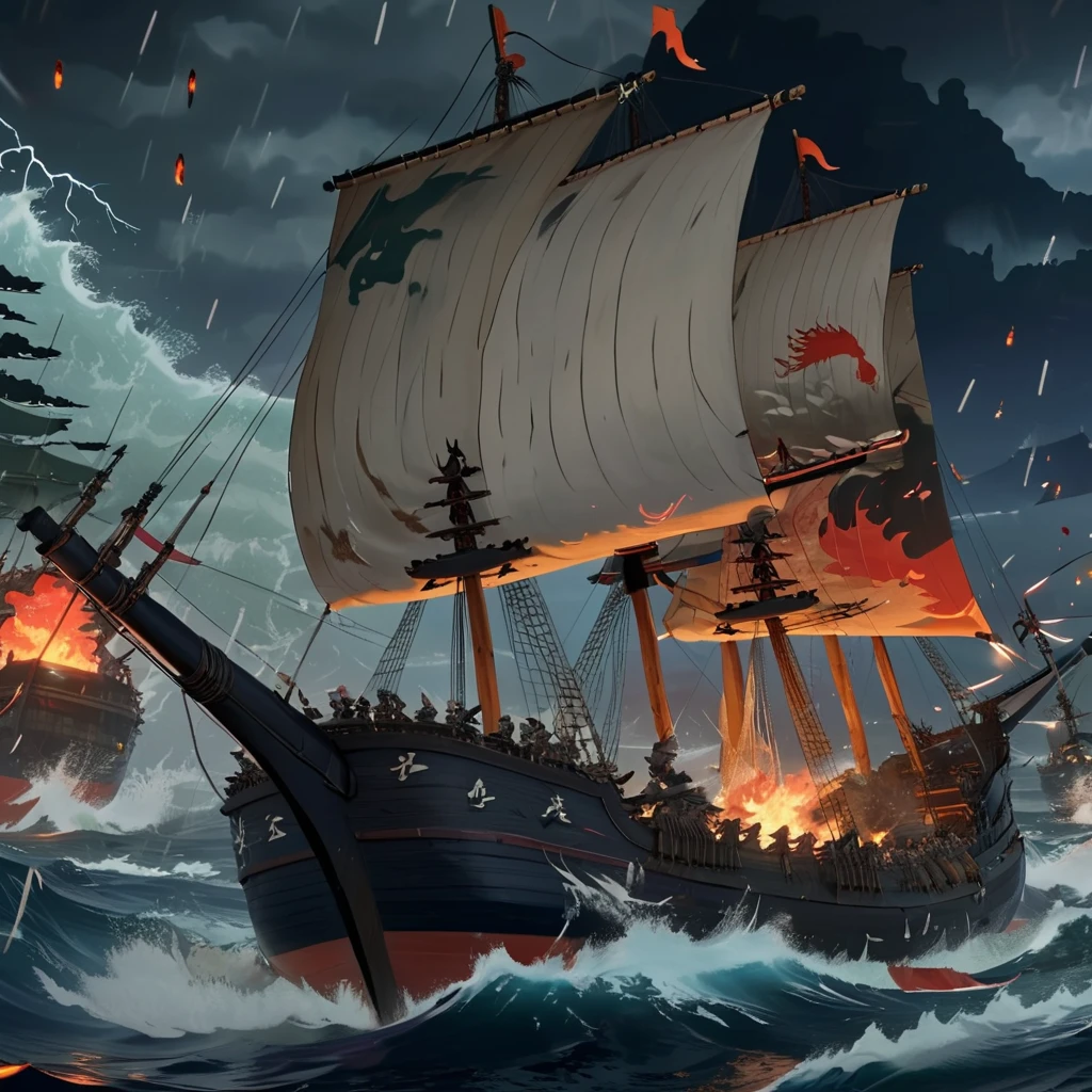 masterpiece, best quality,  <lora:add-detail-xl:1> <lora:ArsMJStyleSDXL_-_AnimeC:1> A dramatic naval battle off the coast of feudal Japan. Massive wooden ships with colorful sails clash in stormy seas. Samurai archers fire flaming arrows, while ninja infiltrators swing between ships on grappling hooks. Lightning illuminates the chaotic scene.