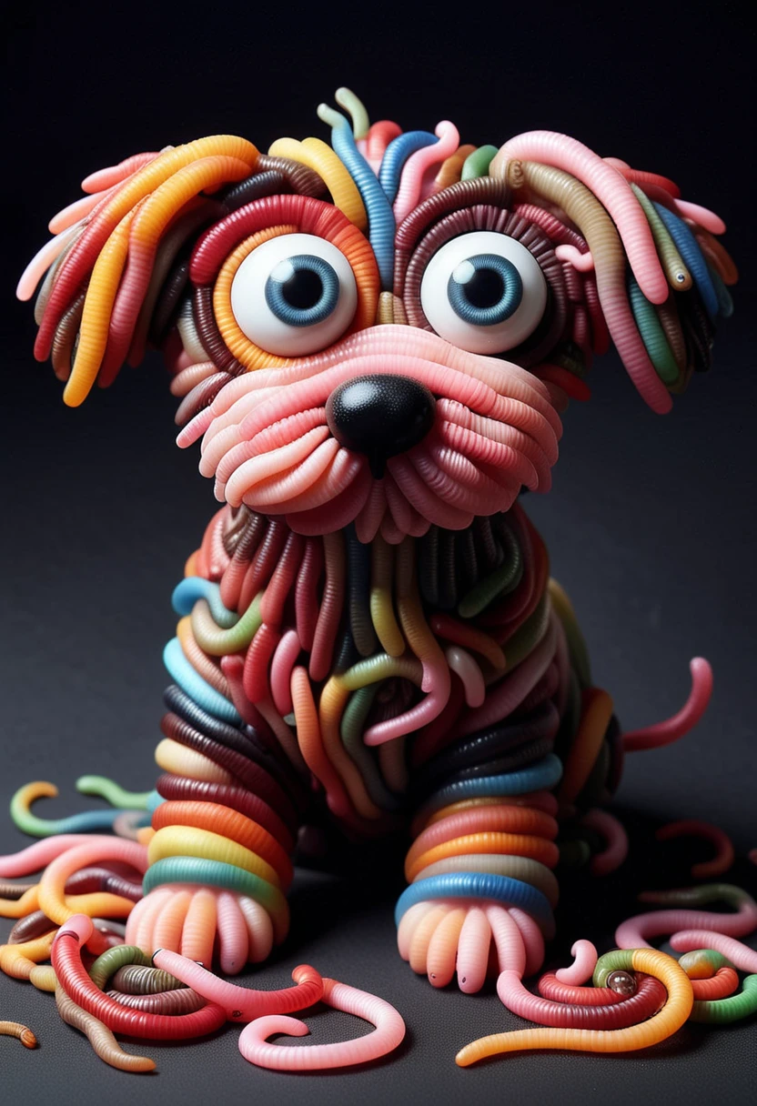 W0Rm5, a cute dog is made entirely from colorful worms, detailed face, (big eyes:0.9), detailed eyes, (long eye lashes, ,Masterpiece,best quality, raw photo, realistic, very aesthetic