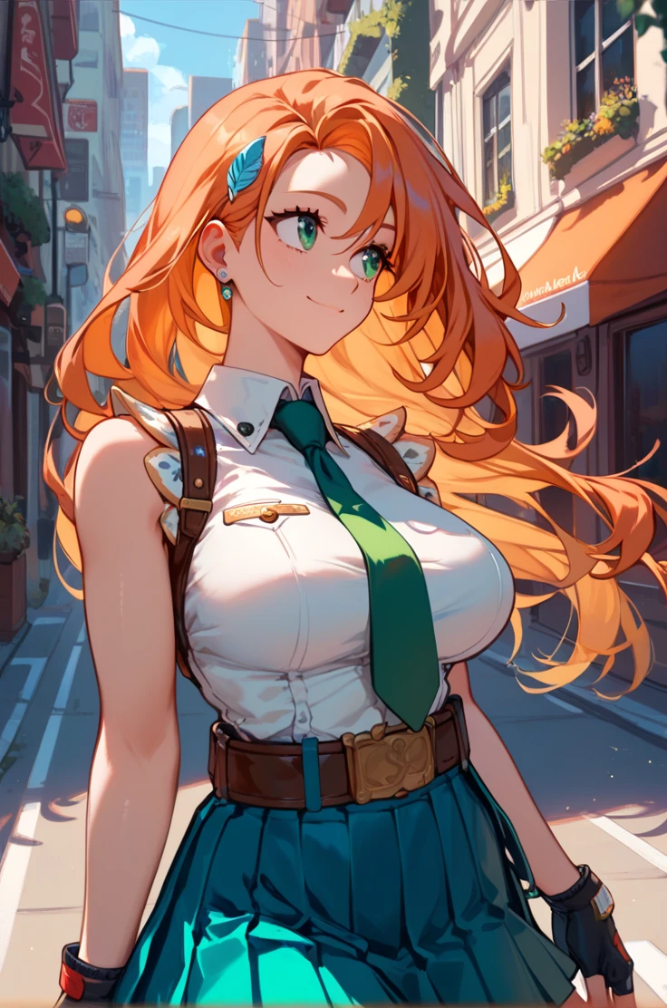 score_9, score_8_up, score_7_up, very aesthetic, source_anime, detailed,
street, cityscape,
walking, looking away, light smile, cowboy shot,
<lora:cliana_v01:0.9>clianaDef, orange hair, green eyes, long hair, 
fingerless gloves, large breasts, green necktie,  blue pleated skirt, white hairpin, belt, buckle,  sleeveless,, zPDXL