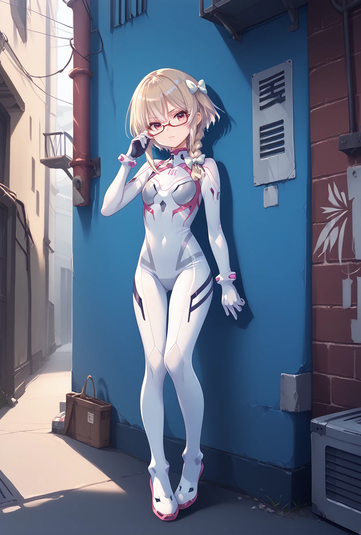 score_9, score_8_up, score_7_up, score_6_up, score_5_up, score_4_up,anime source,full body, 
   usami,1girl,blonde hair,braid,white hair bow,semi-rimless eyewear,head tilt, 
Evasuit08, white bodysuit, multicolored bodysuit,
standing, hand on own eyewear,left arm at side, 
ruin city,alley,sunset, <lora:UsamiXLPony:1>,<lora:Eva08XLPony:1>