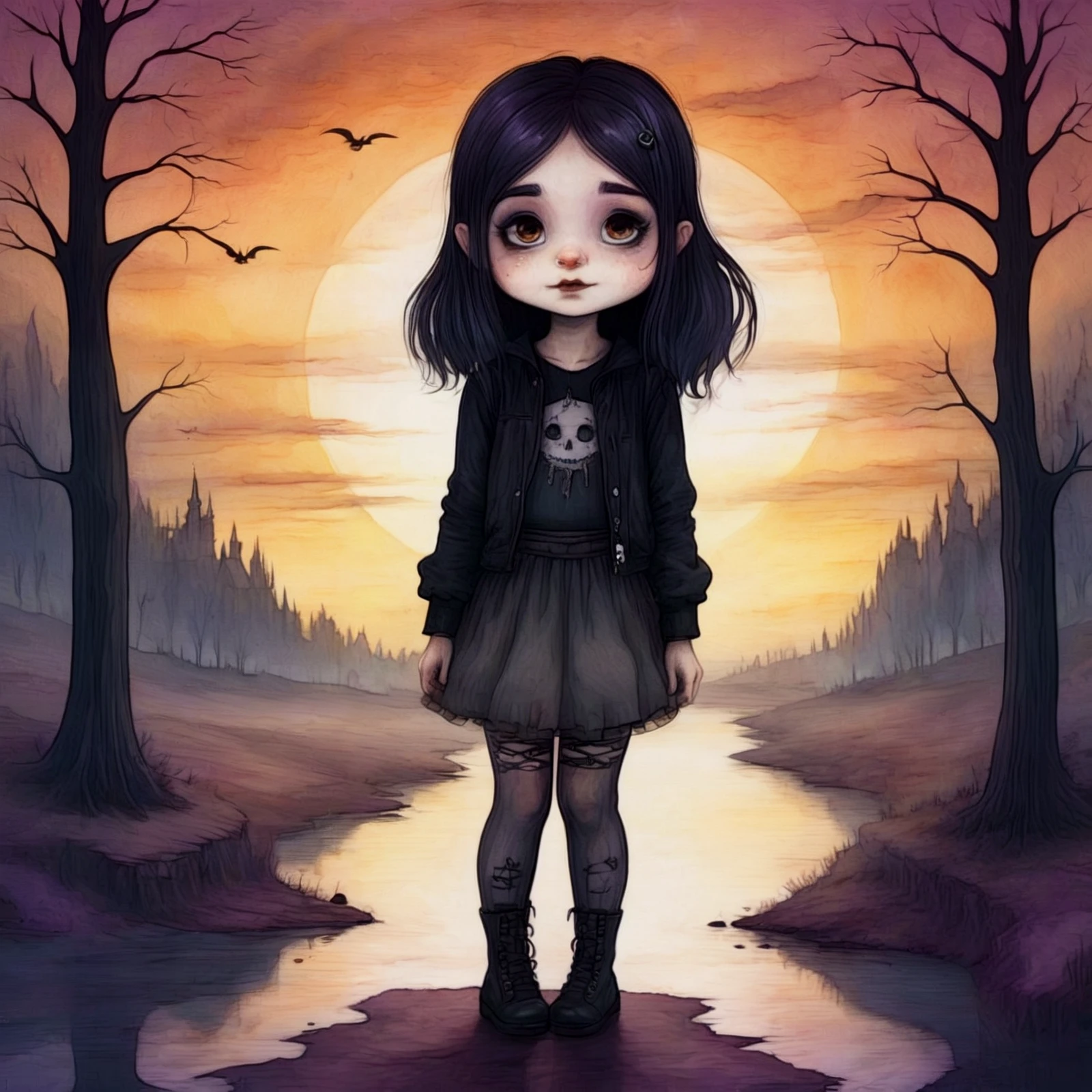 crtnsktchCE cartoon.

A cartoon goth girl.

Atmospheric, moody, rustic, misty.

(Lost in the dreamscape) (Navigating the realm of dreams) 

<lora:ComicSketch02_CE_SDXL:0.85>