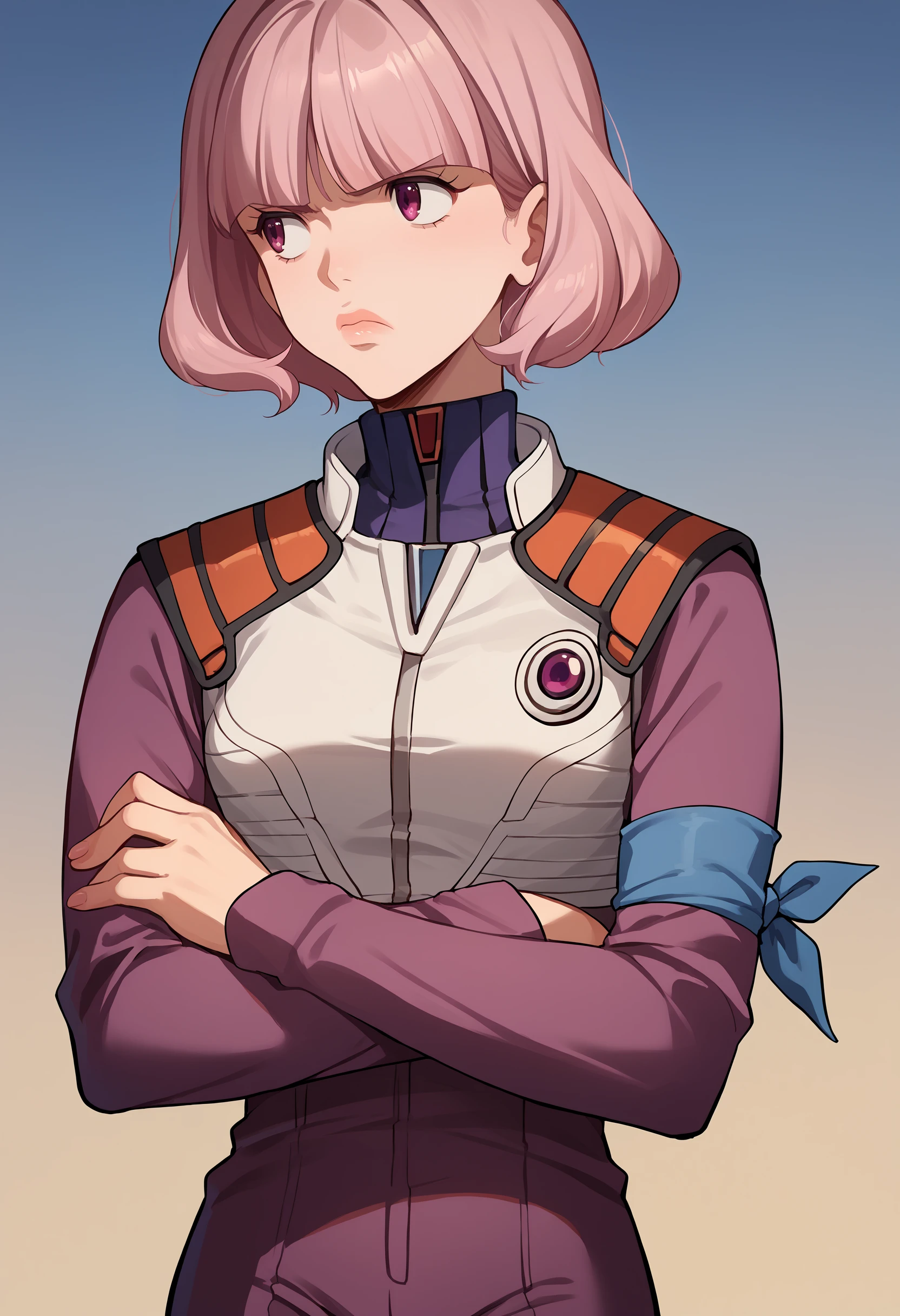 score_9, score_8_up, score_7_up, score_6_up source_anime <lora:midori_eva_alpha-000009:.95> midori, short hair, white vest, purple jumpsuit, furrowed brow, lips, blue armband, crossed arms, annoyed, looking away