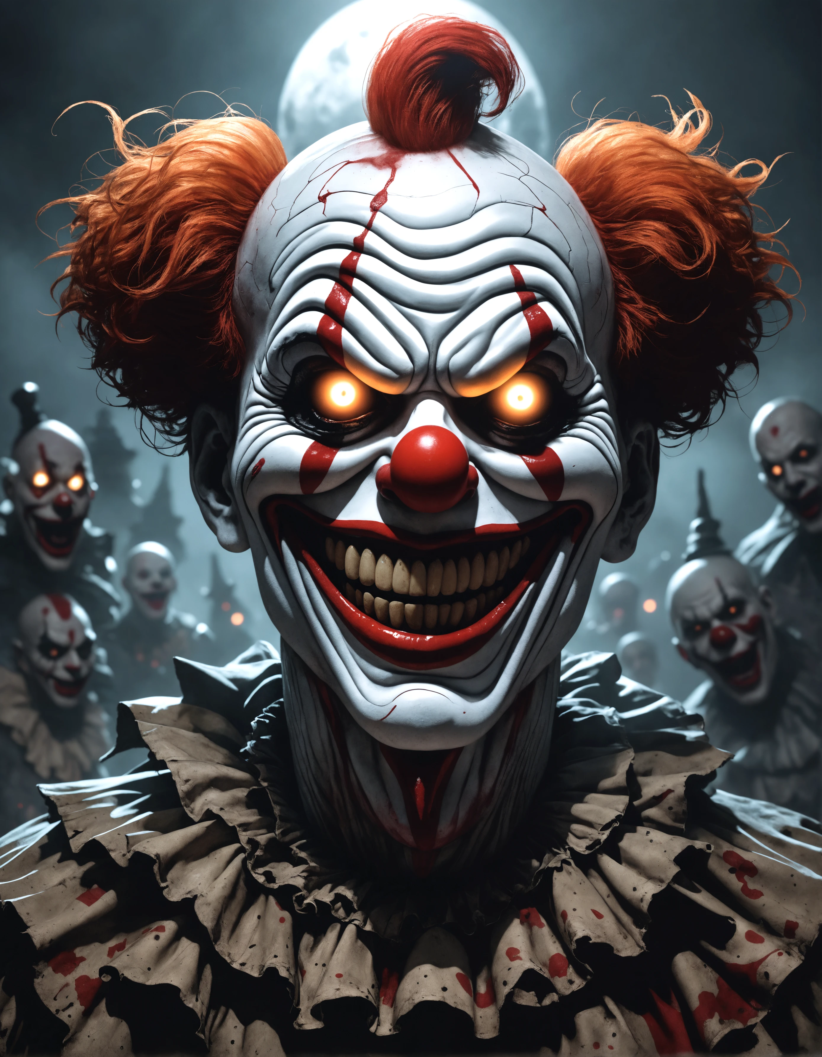 score_9, score_8_up, score_8,
source:illustration, horror clown, dark circus, night, sinister makeup, diabolical grin, glowing eyes, torn costume, bloodstained, rusty balloon, ominous shadows, rundown wagons, destroyed tents, thick fog