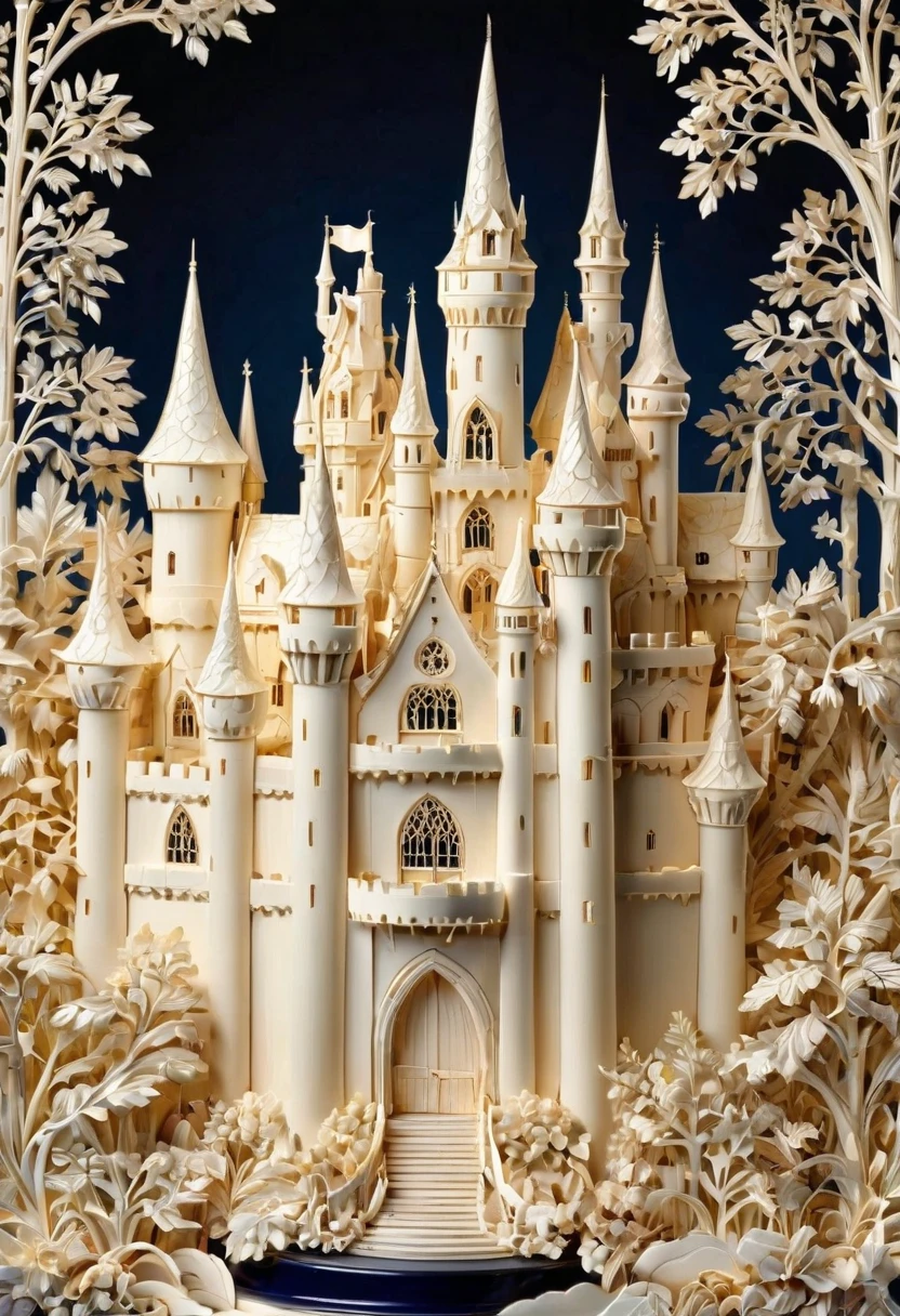 hyperrealistic art ivory_carving_style, beautiful picture of a castle, closeup, made out of delicate and fragile fine original ivory material, whole body, masterpiece, flawless, elegant, vibrant details, (expansive view:1.4), (clear outlines:1.4), (ultra detailed:1.4), 64K, (high contrast:1.4), award winning, stunning, beautiful composition, clean sharp focus, SFW, realistic . extremely high-resolution details, photographic, realism pushed to extreme, fine texture, incredibly lifelike