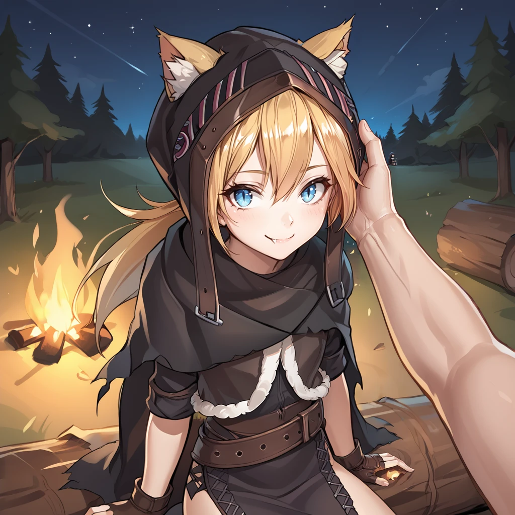 <lora:IDW (4):1>,1girl,solo,idw \(girls' frontline\),idw \(cloak and cat ears\),blonde hair,hair between eyes,long hair,cat ears,animal ear fluff,ears through headwear,blue eyes,slit pupils,fangs,cat tail,
hood,black undershirt,fur vest,fingerless gloves,black cloak,torn cloak,burnt cloak,belt accessory,
cowboy shot,looking at viewer,head tilt,smile,closed mouth,pov hands,hand on another's head,headpat,sitting on log,campfire,
outdoors,forest,night,night sky,star \(sky\),, score_9, score_8_up, score_7_up, perfect anatomy, source_anime, zPDXLxxx,