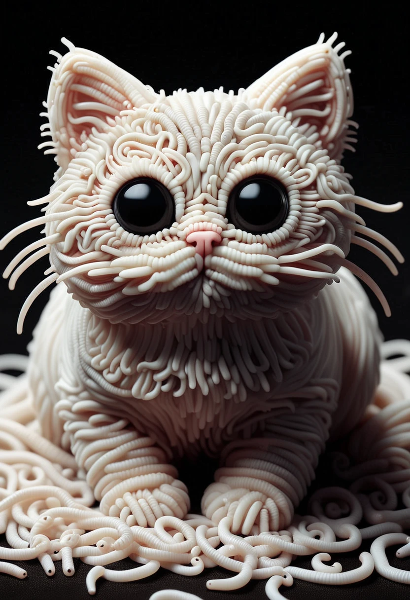 W0Rm5, a cute cat is made entirely from white worms, detailed face, (big eyes:0.9), detailed eyes, (long eye lashes, ,Masterpiece,best quality, raw photo, realistic, very aesthetic