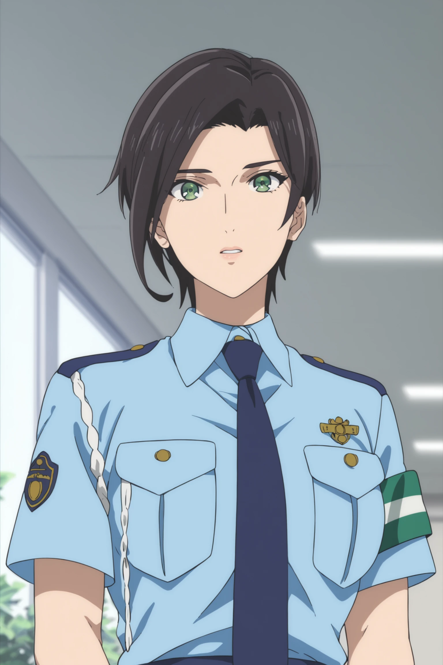 yumihara saki, black hair, short hair, green eyes, sakipolice, policewoman, police uniform, short sleeves, blue shirt, collared shirt, blue necktie, blue skirt, black shoes, <lora:Saki_Yumihara:1>, score_9, score_8_up, score_7_up, score_6_up, score_5_up, source_anime, rating_safe, medium breasts, indoors, police office, 1girl, solo, looking at viewer, <lora:age_slider_v4:3>, (upper body:1.3), standing