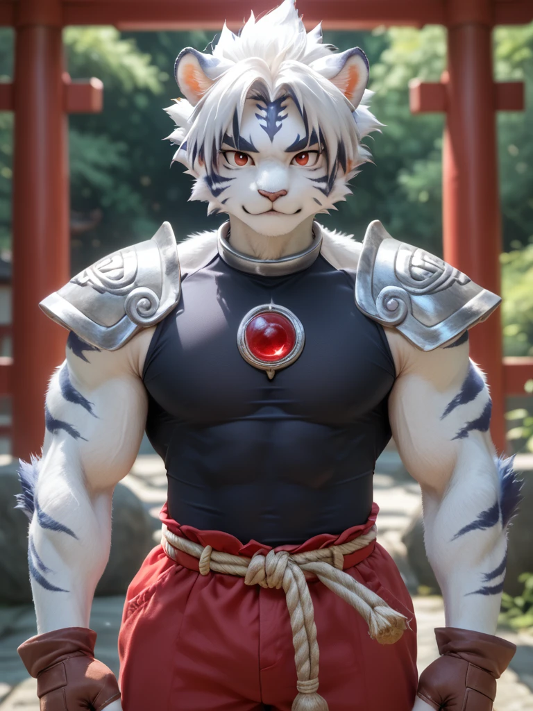 score_9, score_8_up, score_7_up, anime, realism, high quality, furry, kemono, male, <lora:Kogenta PDXL v0.2:0.8>  kogenta, white tiger, white body, onmyou taisenki, red eye, young, tight sleeveless black shirt, white shoulder pad, brown finger less glove, red pants, rope belt, shrine, circle red gem, silver choker