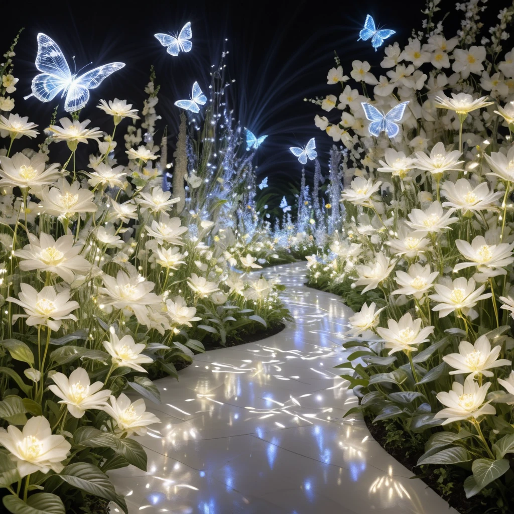 masterpiece, best quality,  <lora:add-detail-xl:1>   <lora:ArsMorph_-_World_of_Light_-_SDXL:1> arsworldoflight A light garden in full bloom, flowers formed from delicate swirls and eddies of colored illumination. Butterflies of pure white light flit between the glowing blossoms.