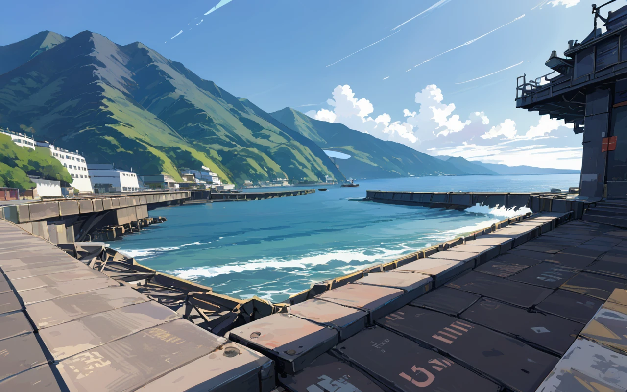 <lora:JP_concrete_pier:0.9>, (anime coloring, anime visual), masterpiece, best quality, high quality, ((view from ground)), JP_concrete_pier, concrete pier, tetrapod, wave, ocean, blue sky, cloud, day, horizon, island, mountain, scenery