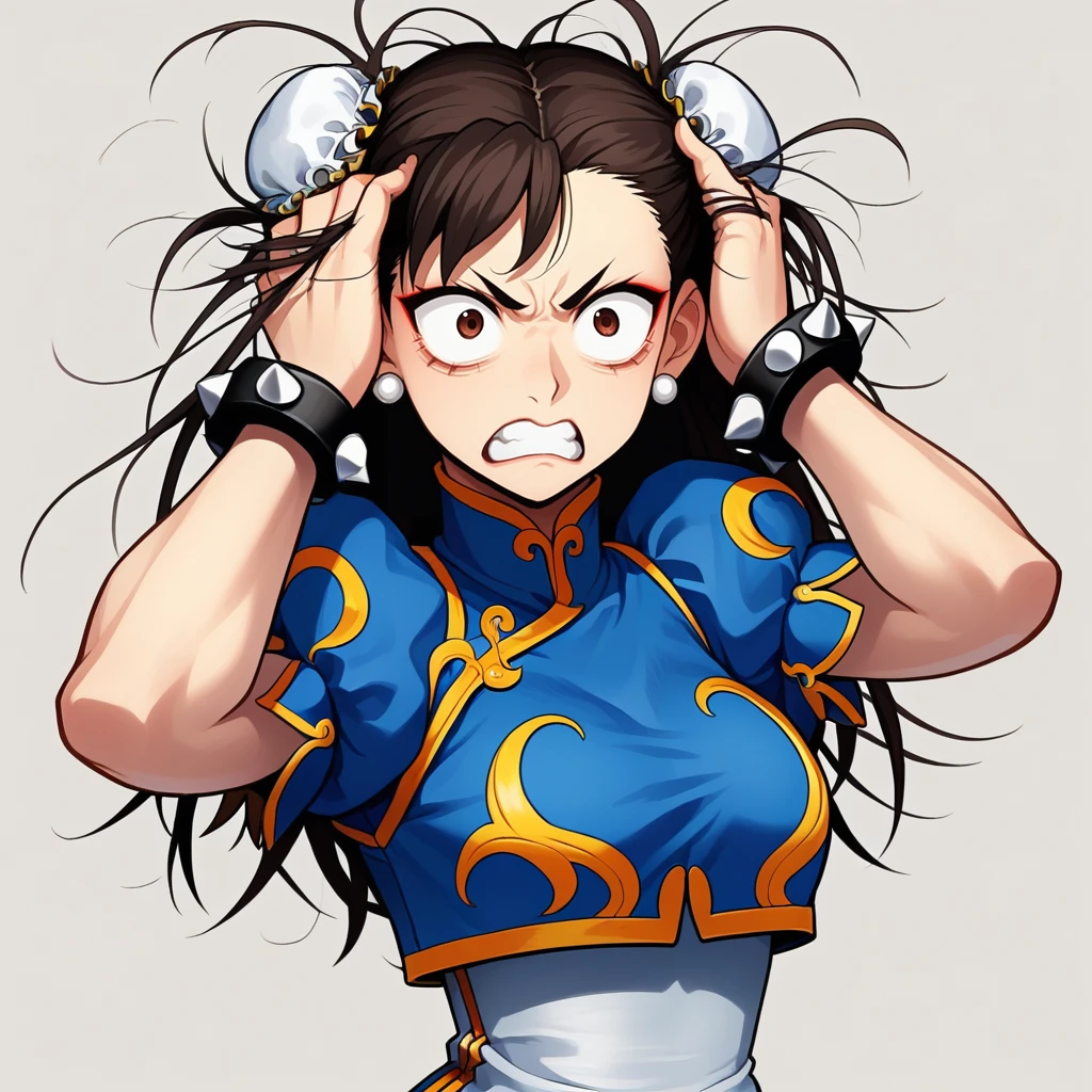 score_9, score_8_up, score_7_up, score_6_up, score_5_up, score_4_up, zPDXL2,source_anime,rating_questionable, 1girl, solo,  chun li, hands in hair, wide eyes, arched back, stressed, annoyed, long hair, dress, <lora:Stressed:0.8> str3ss, messy hair, clenched teeth, action lines