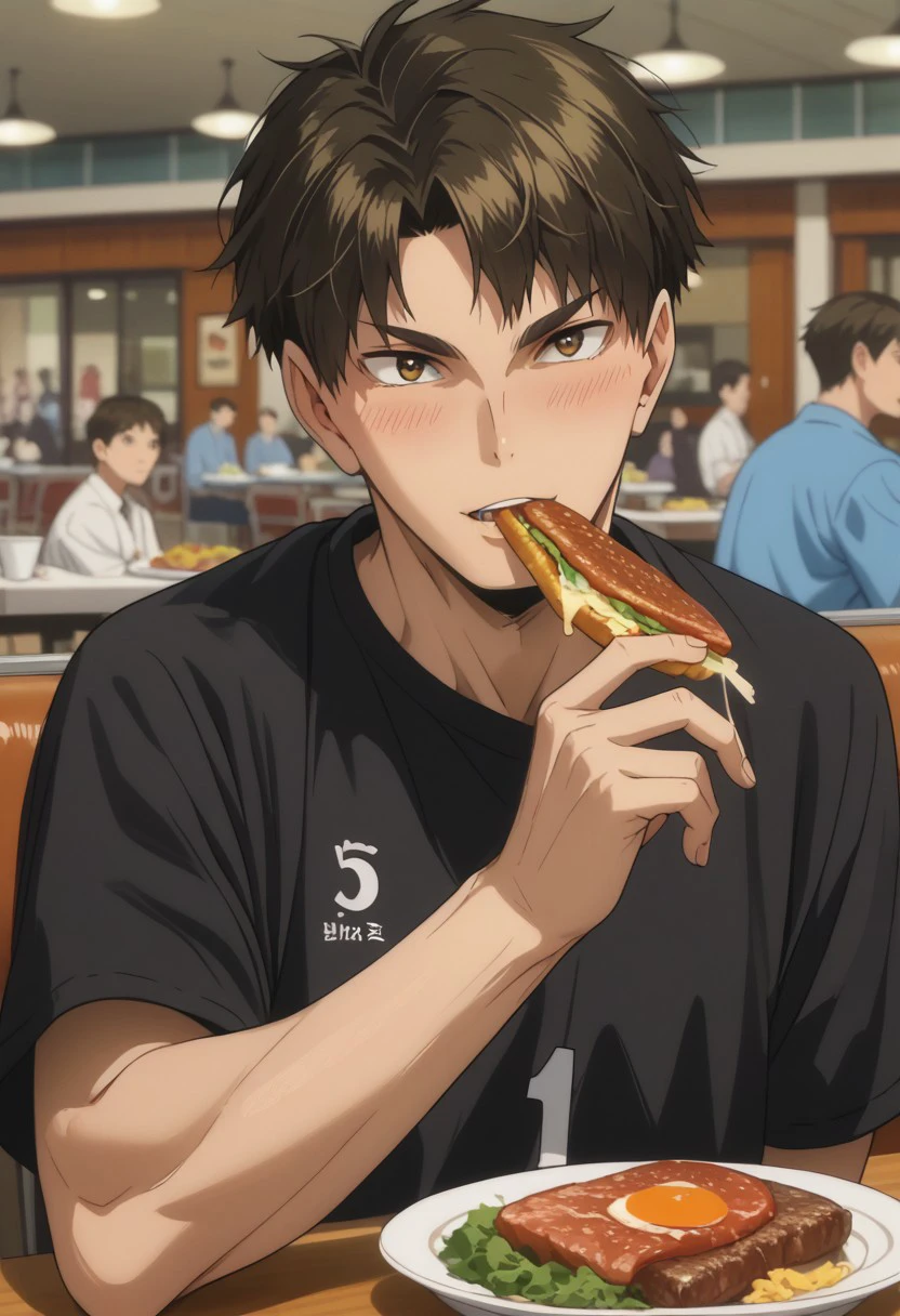 score_9, score_8_up, score_7_up, source_anime, rating_safe, steak in mouth, Ushaikyu, 1boy, male focus, anime screencap, blushing, mouth full, black shirt, eating, indoor cafeteria, blurry crowd, hands with five fingers, cute face,