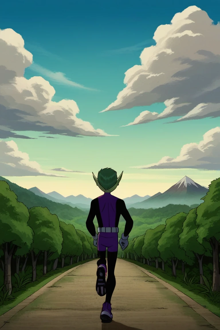 score_9, score_8_up, score_7_up, score_6_up, masterpiece, best quality, amazing quality, best aesthetic, absurdres, intricate details, detailed face, source_anime, beastboy, green hair, green eyes, green skin, black with purple bodysuit, outdoors, 1boy, sky, day, male focus, tree, nature, cloud, forest, from behind, bodysuit, mountain, belt, gloves, blue sky, running, standing, <lora:EMS-434610-EMS:1.000000>