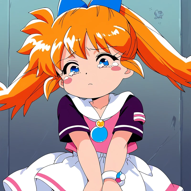 score_9, score_8_up, score_7_up, source_anime, rating_explicit, BREAK  <lora:Popuri_XL:0.8> Popuri_Nishino_Kaori, orange hair, blue eyes, twintails, blush stickers, blue bow, hair bow, ponytail, long hair, short stack,
1girl, jewelry, subtitled, closed eyes, blush, tears, solo, english text, retro artstyle