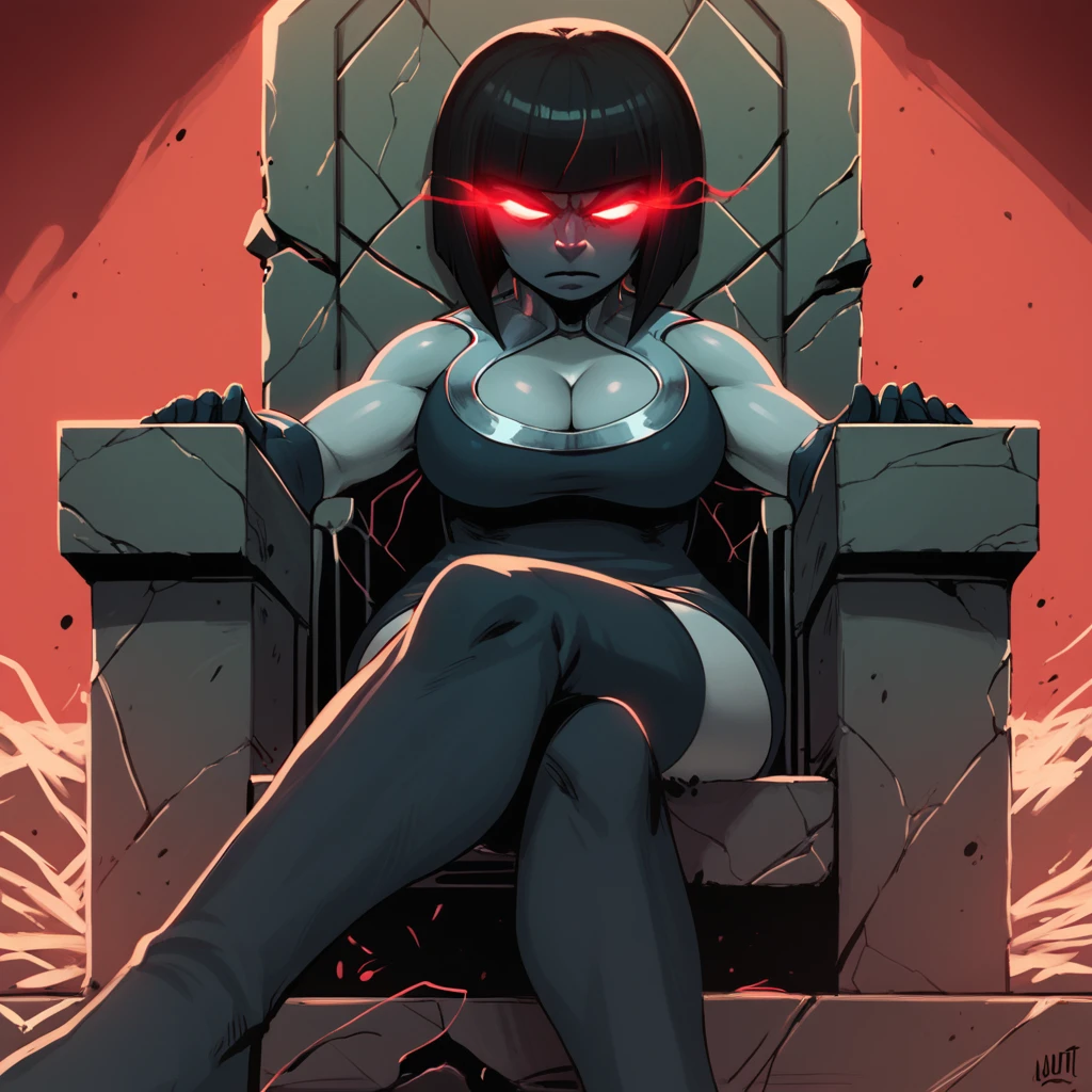 score_9_up, score_8_up, BREAK, LADYDARKSEID, 1girl, solo, black hair, short hair, no pupils, glowing eyes, dress, short dress, silver, cleavage, gloves, thighhighs, sitting, throne,  <lora:LadyDarkseid_PXL_Leaf1:1>, red theme, debris,