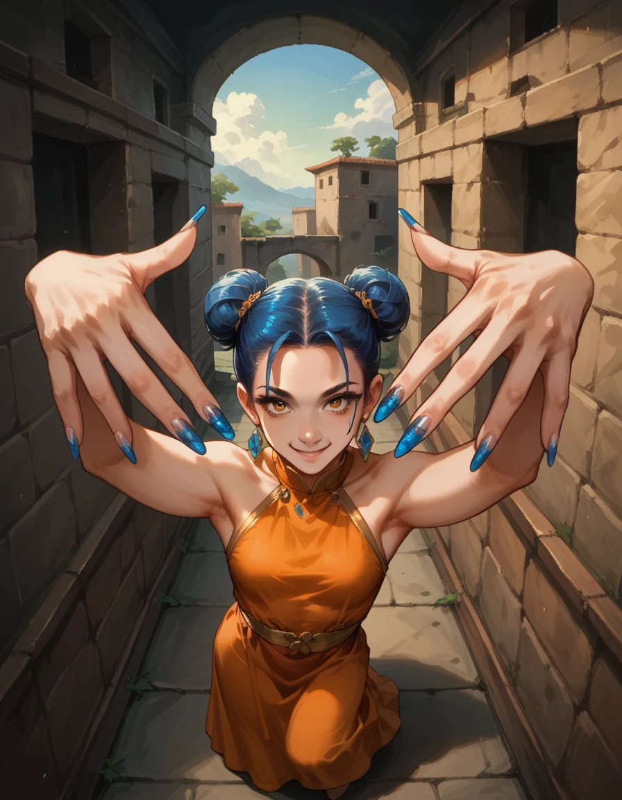 score_9, score_8_up, score_7_up, score_6_up, score_5_up, score_4_up, 1girl, blue hair, twin buns, orange dress, hud_n4ilz, perspective, from above, arms up, blue nail polish, fingernails, smile, full body, looking at viewer, <lora:mts2-000008:0.7>,