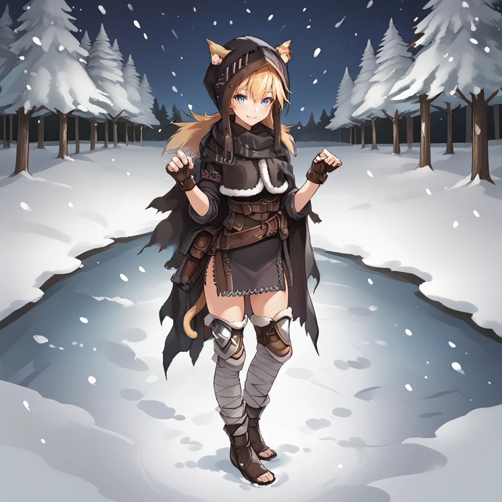 <lora:IDW (4):1>,1girl,solo,idw \(girls' frontline\),idw \(cloak and cat ears\),blonde hair,hair between eyes,long hair,cat ears,animal ear fluff,ears through headwear,blue eyes,slit pupils,fangs,cat tail,
hood,black undershirt,fur vest,fingerless gloves,black cloak,torn cloak,burnt cloak,belt accessory,brown footwear,bandaged leg,fur greaves,
looking at viewer,smile,:3,hands up,paw pose,standing,
outdoors,forest,snow,snowing,night,night sky,star \(sky\),, score_9, score_8_up, score_7_up, perfect anatomy, source_anime, zPDXLxxx,