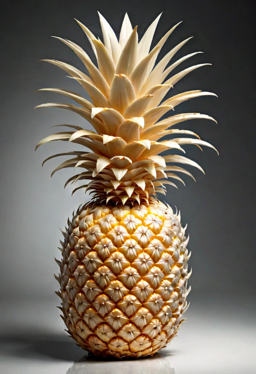 ivory_carving_style, beautiful picture of a pineapple, made out of delicate and fragile fine original ivory material, whole body, masterpiece, flawless, elegant, vibrant details, (expansive view:1.4), (clear outlines:1.4), (ultra detailed:1.4), 64K, (high contrast:1.4), award winning, stunning, beautiful composition, clean sharp focus, SFW, realistic