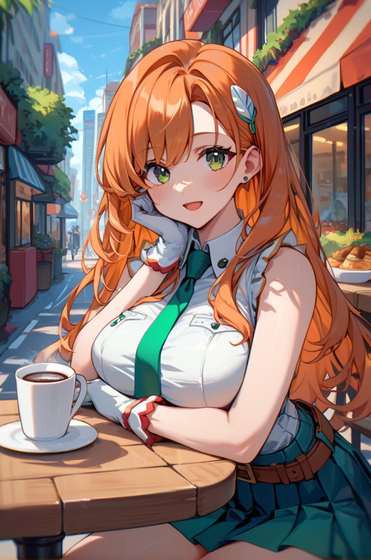 score_9, score_8_up, score_7_up, very aesthetic, source_anime, detailed,
street, cityscape, restaurant, sitting next to table,
cowboy shot, blush, cup of coffee, light smile,  looking at viewer, open mouth,
<lora:cliana_v01:0.9>clianaDef, orange hair, green eyes, long hair, 
white gloves, large breasts, green necktie,  blue pleated skirt, white hairpin, belt, buckle,  sleeveless,, zPDXL