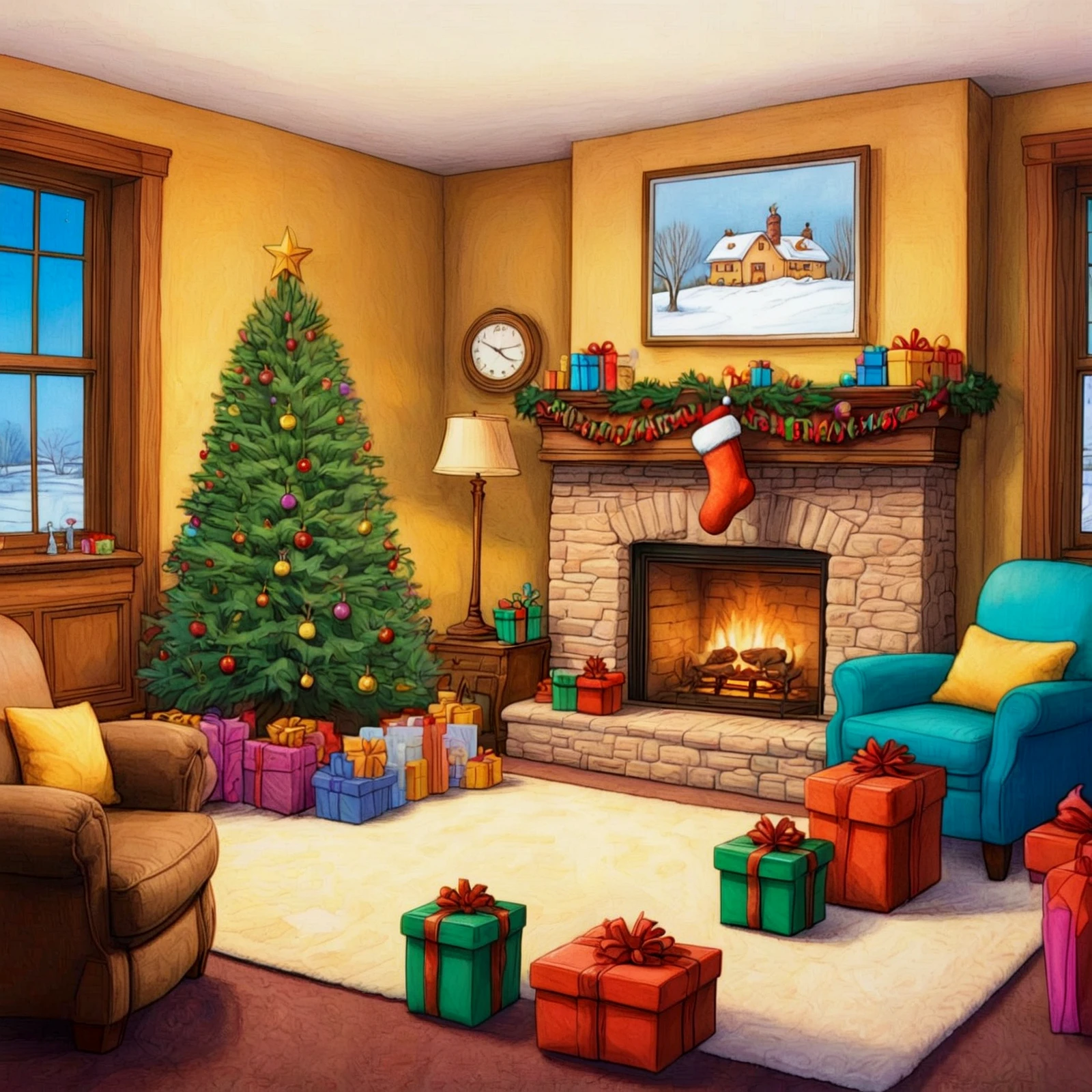 crtnsktchCE cartoon.

A christmas tree surrounded by presents in a cozy living room with a fireplace.

<lora:ComicSketch02_CE_SDXL:0.85>