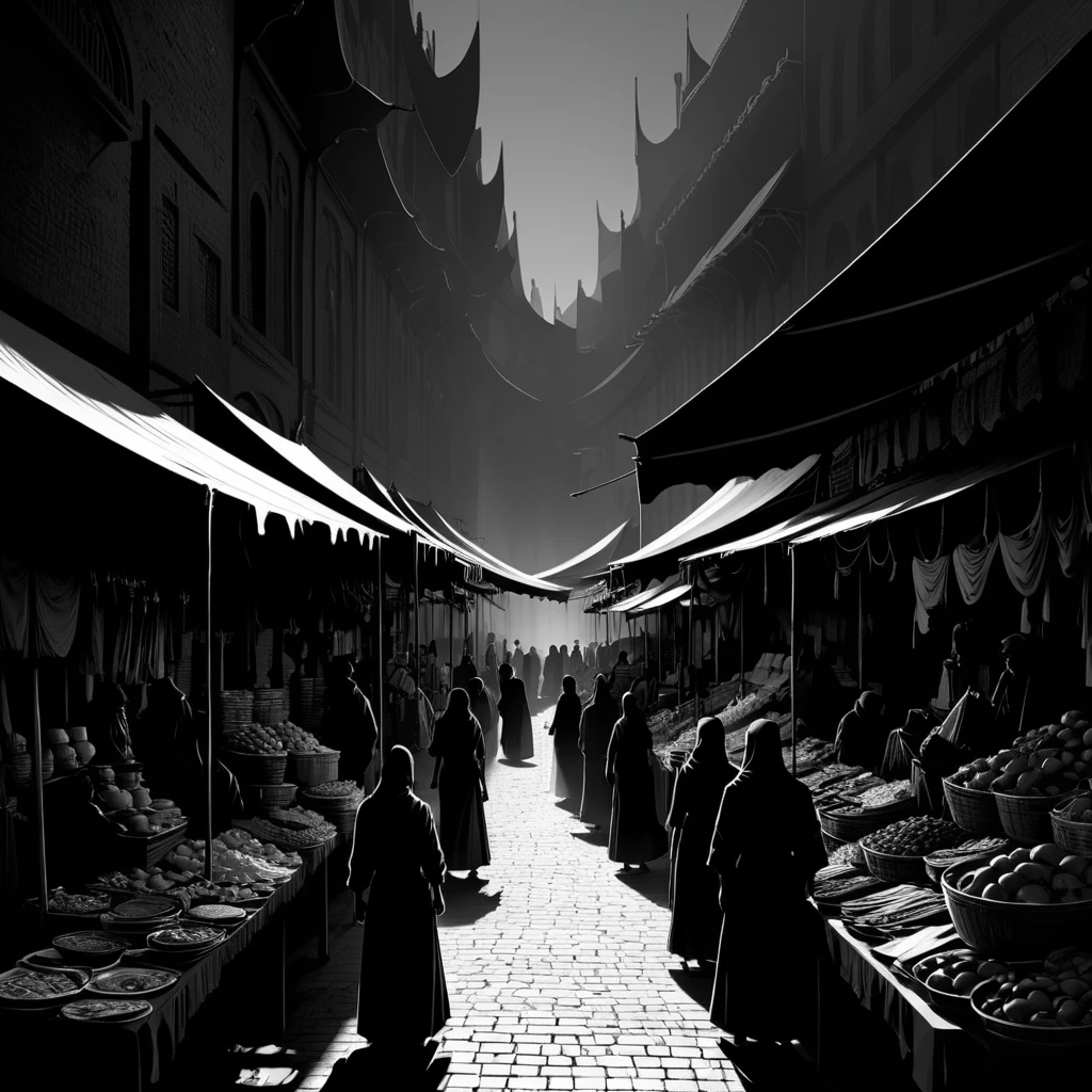 masterpiece, best quality,  <lora:add-detail-xl:1> <lora:ArsMorph_-_World_of_Darkness_SDXL_Pony:0.8> ArsWorldOfDarkness A market street where stalls are constructed from draped shadows. Goods are suggested by their outlines in darker black, with vendors as shifting silhouettes.