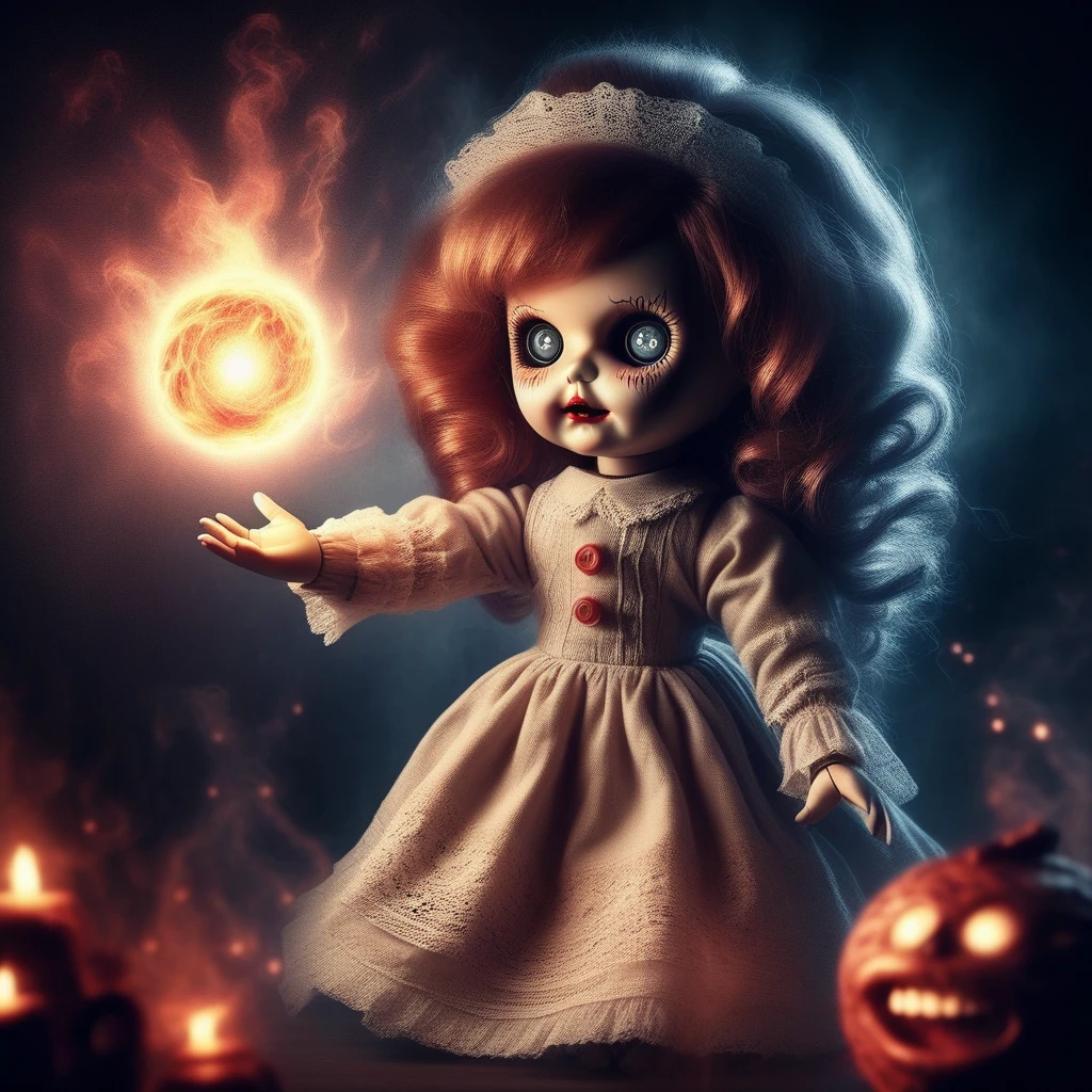 An image of a creepy doll casting fireball spell, The background is dark and muted, with soft lighting to highlight it's features, Highly details, masterpiece, depth of focus, 64k