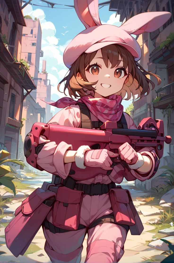 score_9, score_8_up, score_7_up, source_anime, 
ruins, post apocalyptic environment,
running, grin, cowboy shot, close up, upper body,
<lora:llenn_autismConfetti_v01:0.95>llennbase, animal hat, pink headwear, brown hair, brown eyes, short hair, fur-trimmed gloves, pink jacket, long sleeves, pink pants,  rabbit hat, elbow pads, 
holding gun, p-chan, p90 submachine gun,, zPDXL