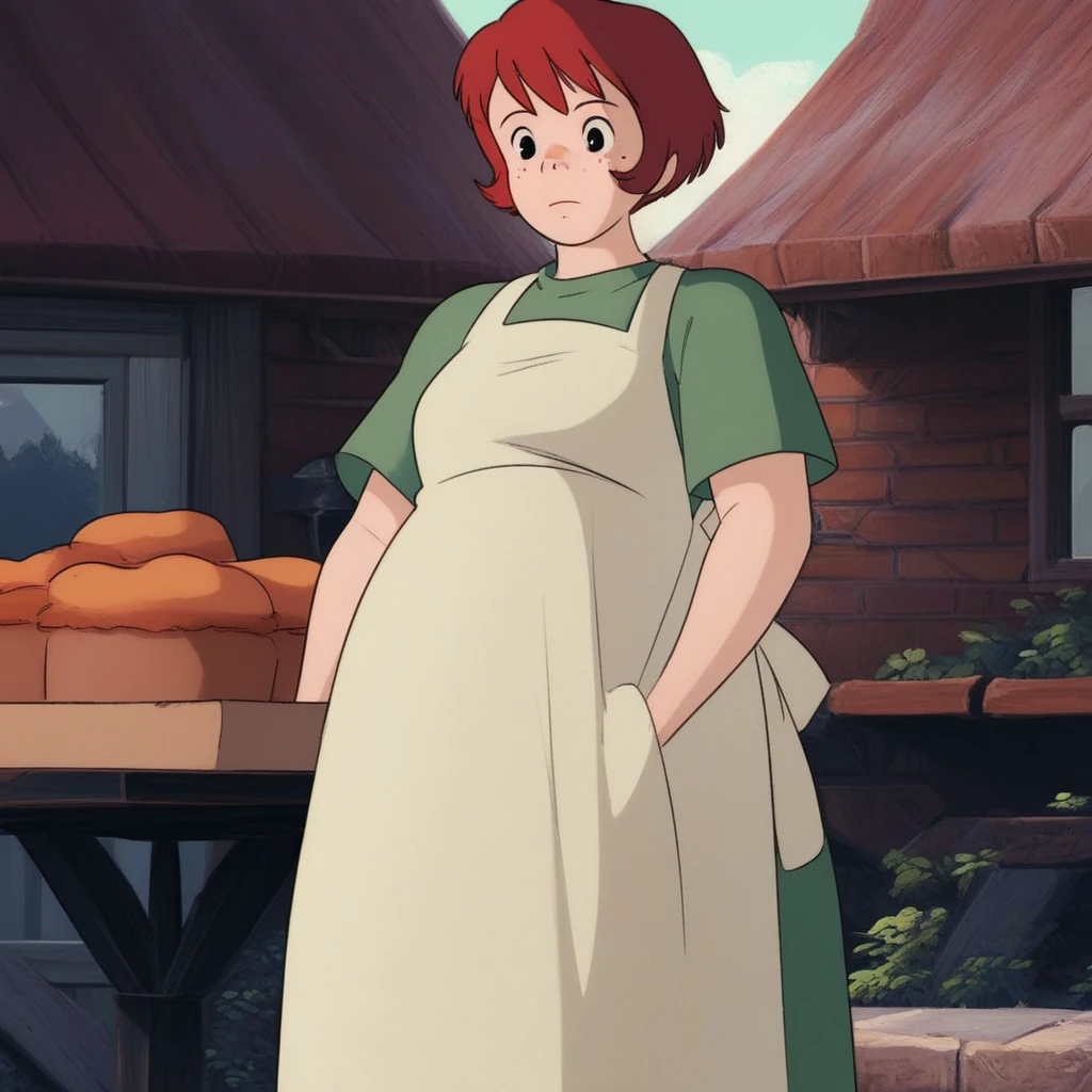 score_9, solo, Osono, red hair, freckles, short hair, apron, dress, outdoors, natural lighting