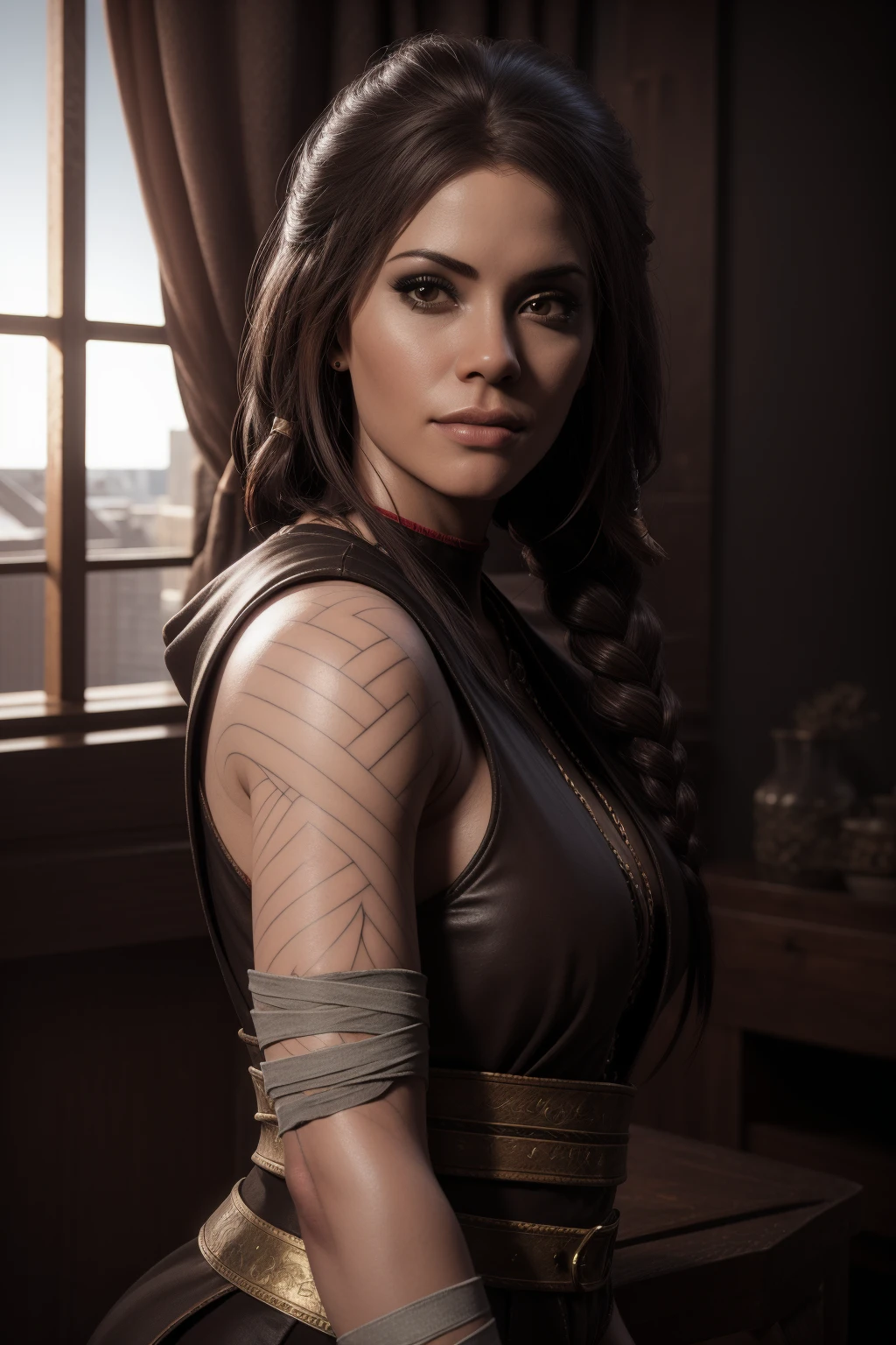 Best_QualityPos, RAW photo, intricate details, best quality, 8k uhd, soft lighting, 1girl, solo, gowfreya, bandages, bandaged arm, brown eyes, long hair, black hair, braid, tattoo, arm tattoo, warlock dark hood, sleeveless, dark skin, dark-skinned female <lora:gowfreya:0.6> <lora:mouth_slider_v1:-3>